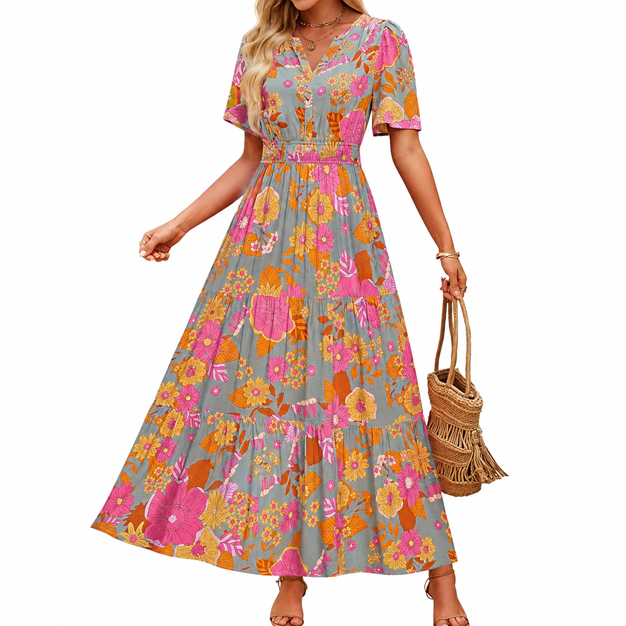 Summer And Spring Floral Casual V Neck Maxi Dresses For Women
