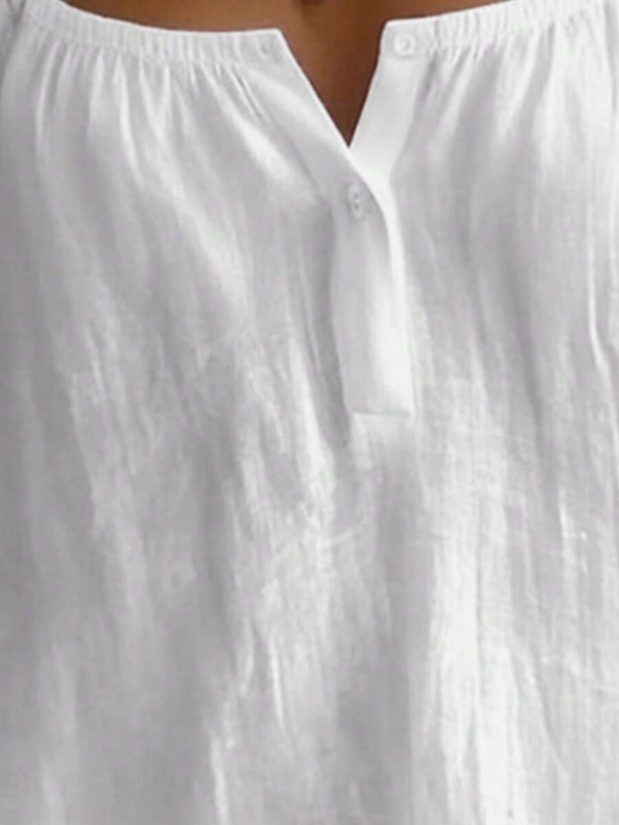 Women's Solid Color Loose Casual Square Neck Half-Button Shirt White - White - View 4