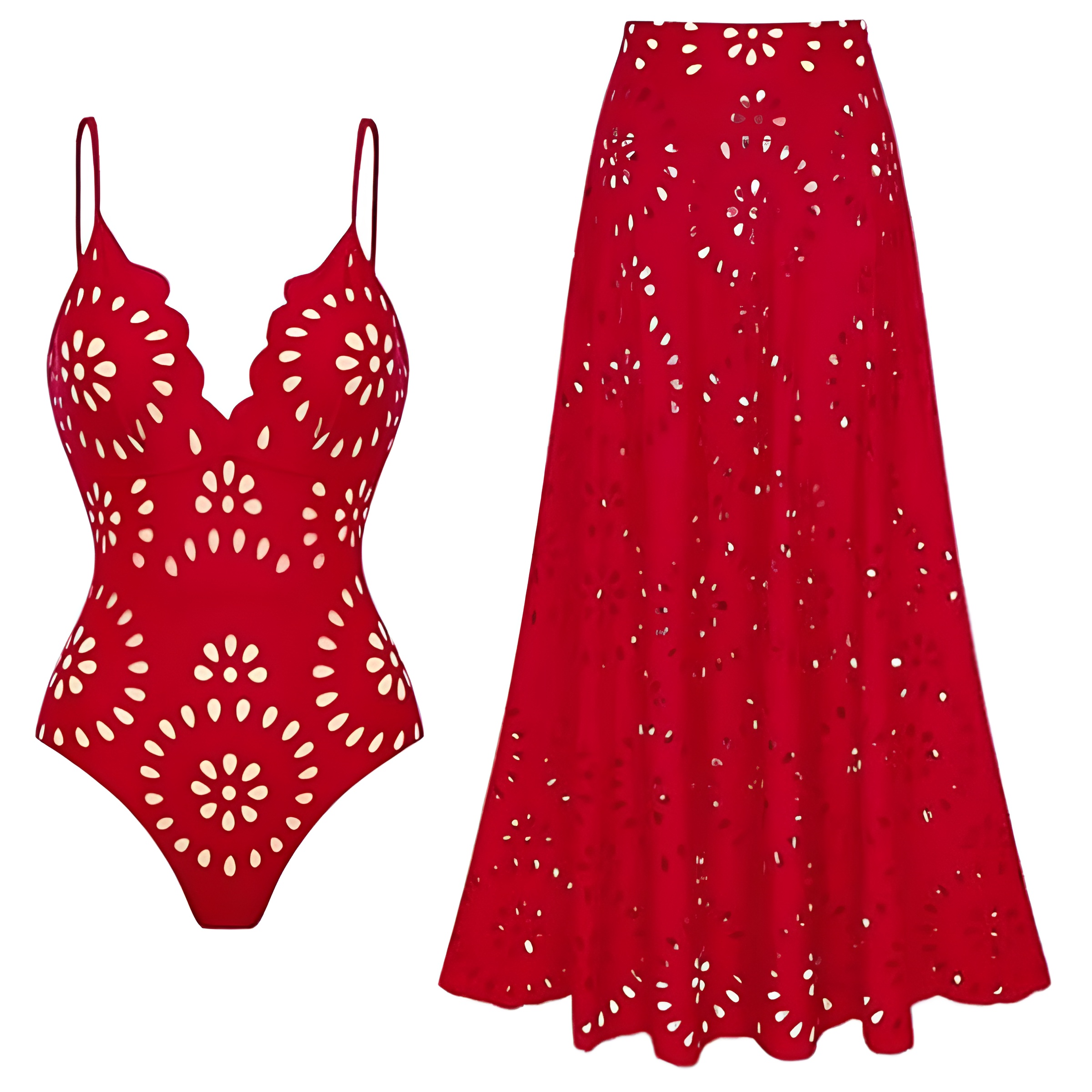 Hollow Design One Piece Swimsuit With Skirt For Women