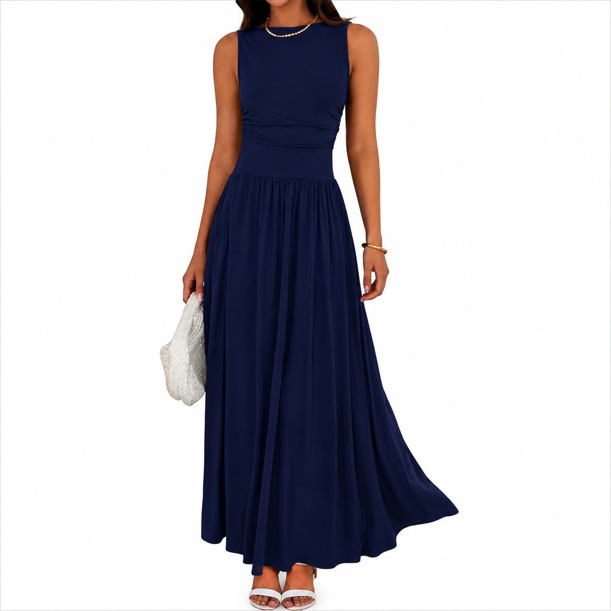 Flowy Sleeveless Maxi Sundress With Ruched Detail For Women