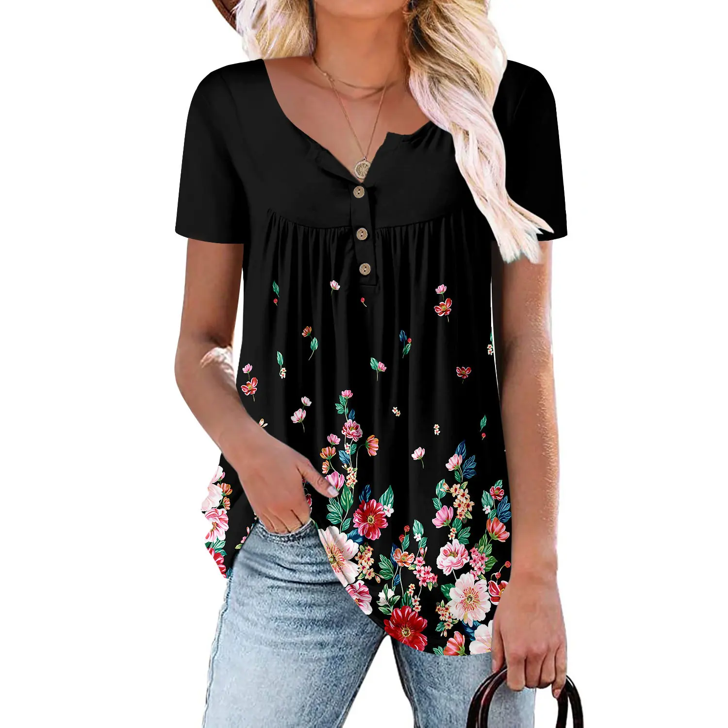 Short Sleeve Loose Fit Summer Tunic Top For Women