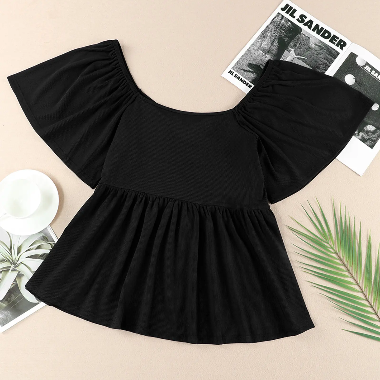 Plus Size Short Sleeve Shirred Peplum Top For Women