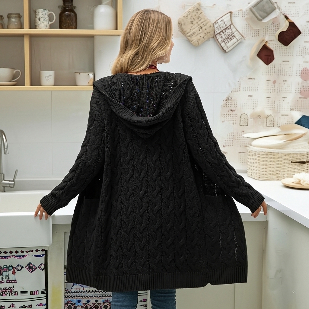 Long Knit Cardigan With Open Front And Pocket Design For Women