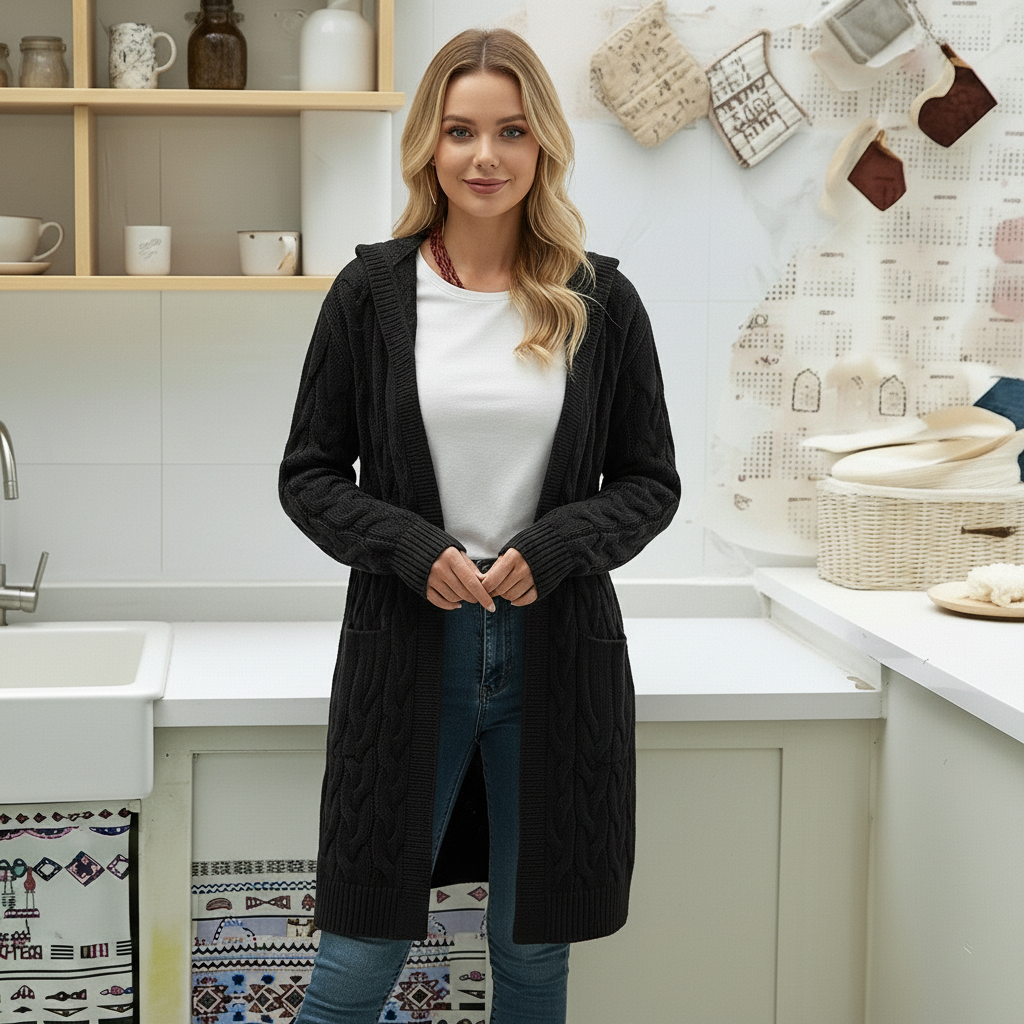 Long Knit Cardigan With Open Front And Pocket Design For Women