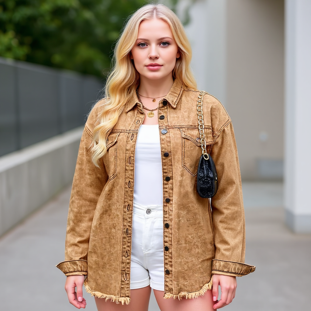 Oversized Denim Shacket With Frayed Hem And Pockets