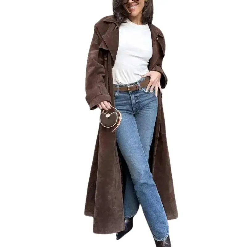 Faux Suede Long Trench Coat For Women With Belt And Notched Lapel-My Comfy Blouse