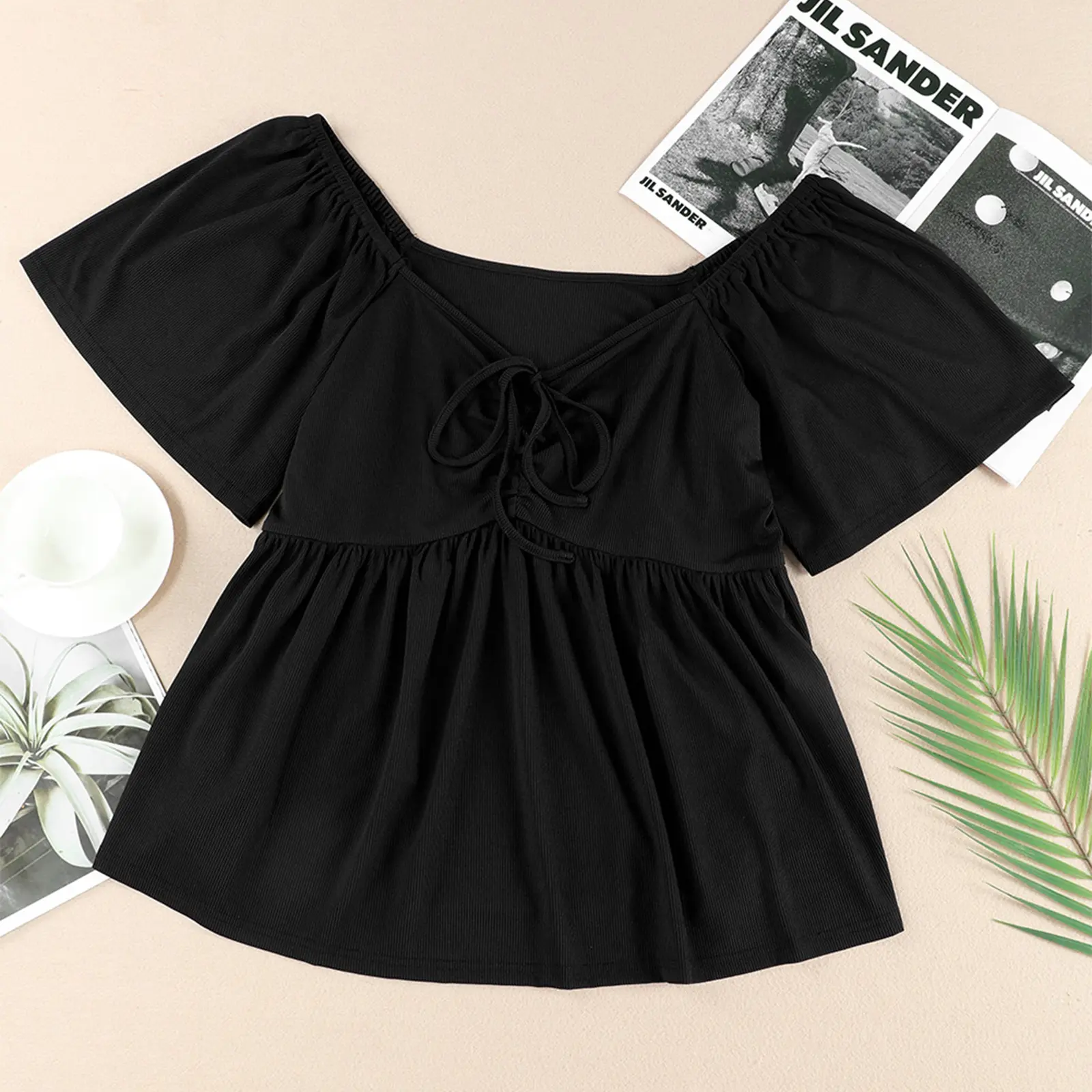 Plus Size Short Sleeve Shirred Peplum Top For Women
