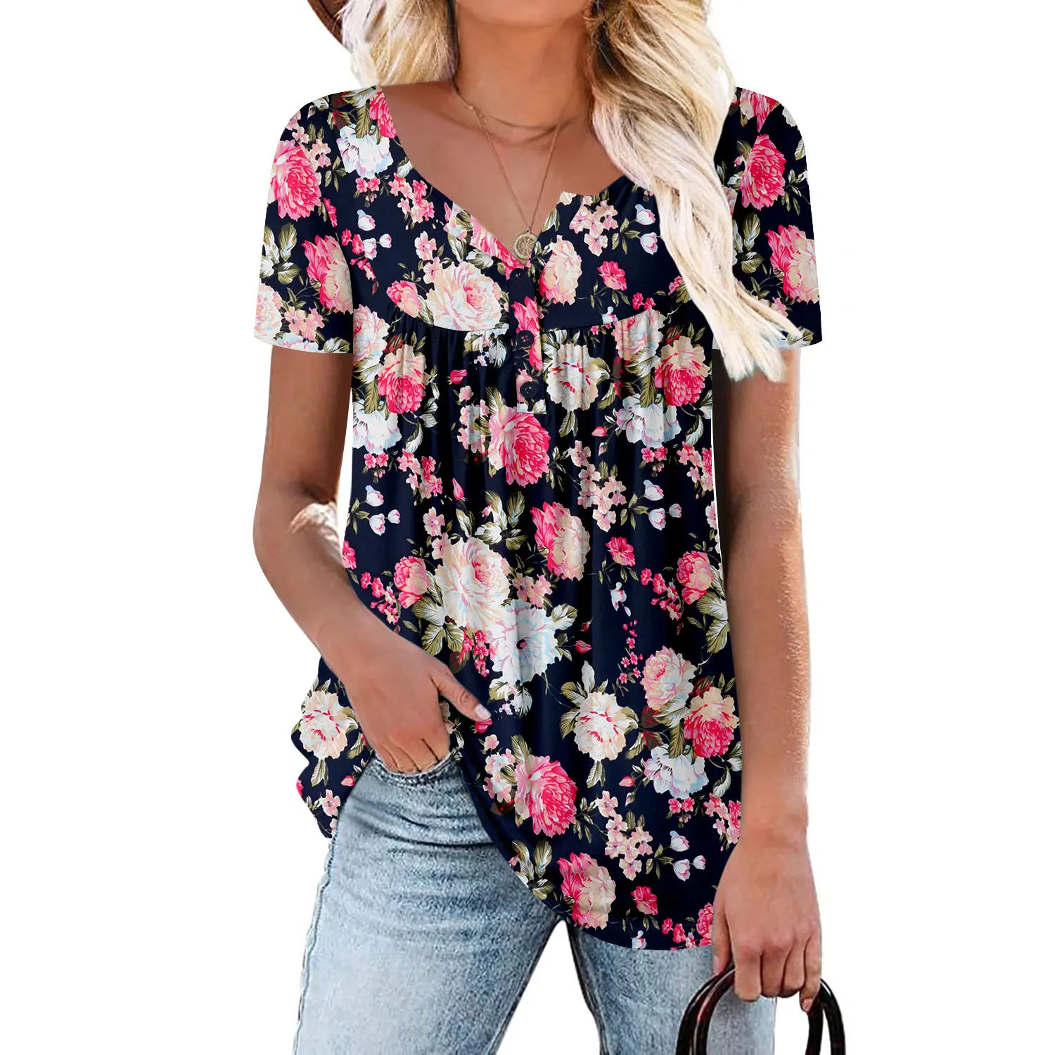 Short Sleeve Loose Fit Summer Tunic Top For Women