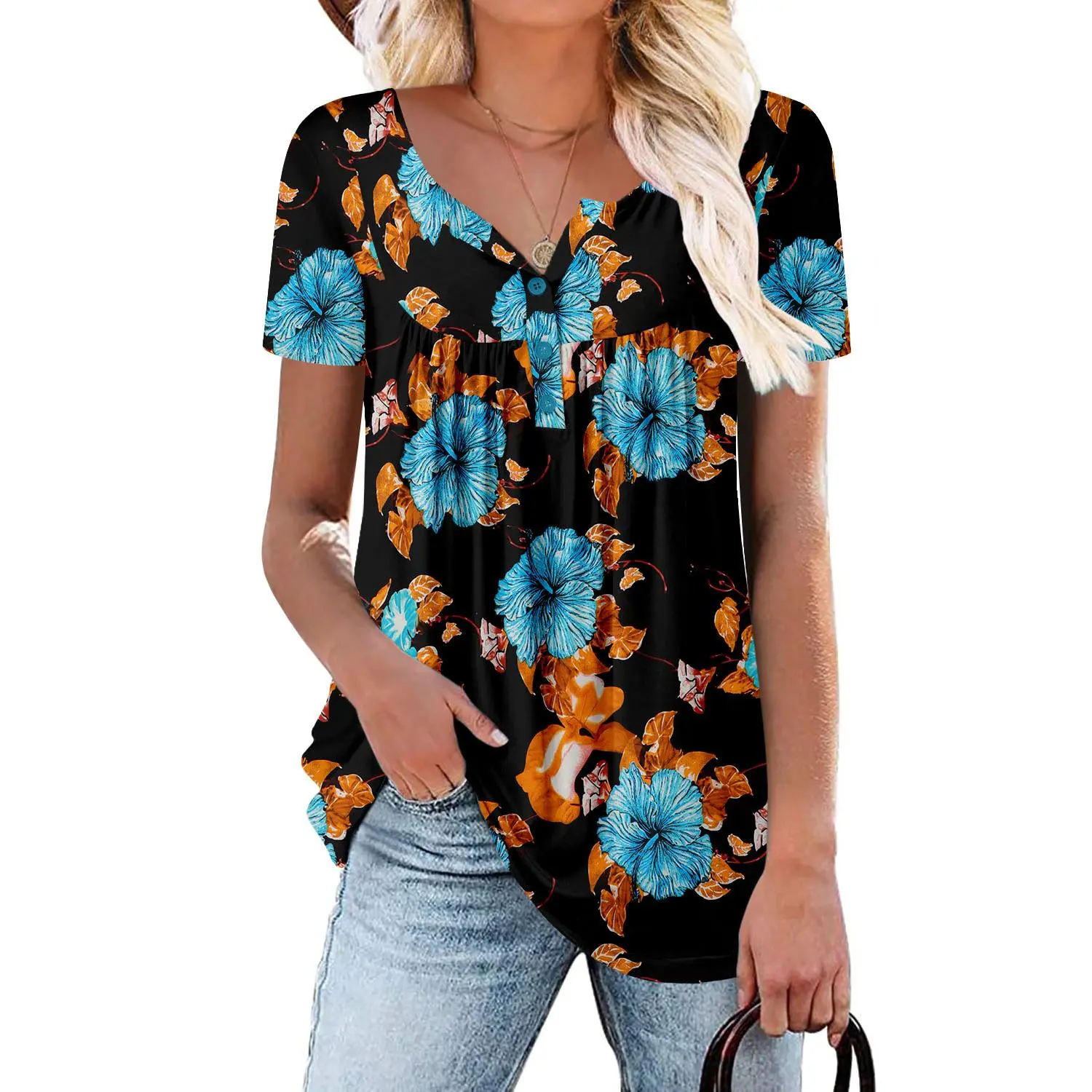 Short Sleeve Loose Fit Summer Tunic Top For Women