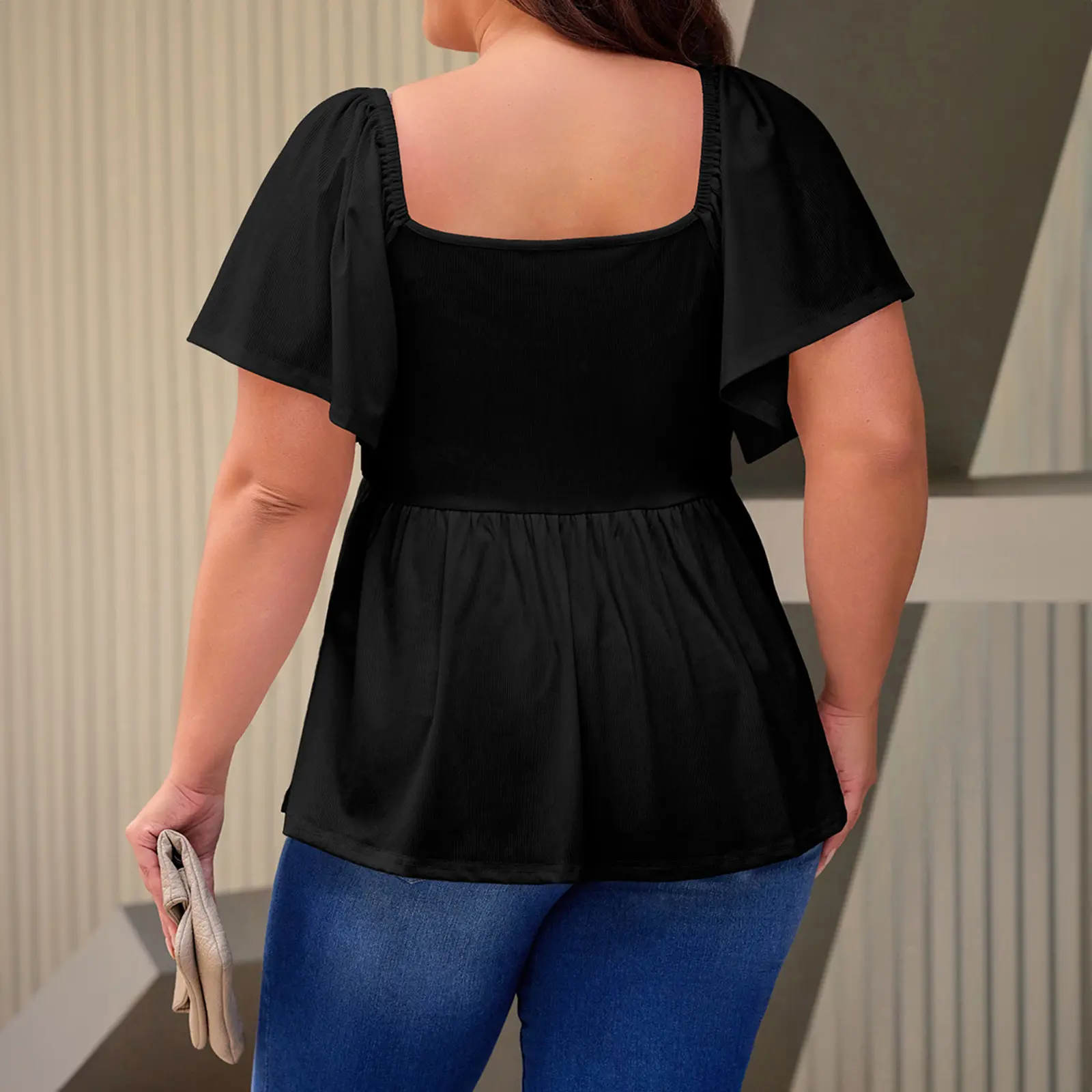 Plus Size Short Sleeve Shirred Peplum Top For Women