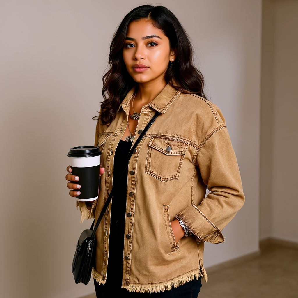 Oversized Denim Shacket With Frayed Hem And PocketsOversized Denim Shacket With Frayed Hem And Pockets - Image 4