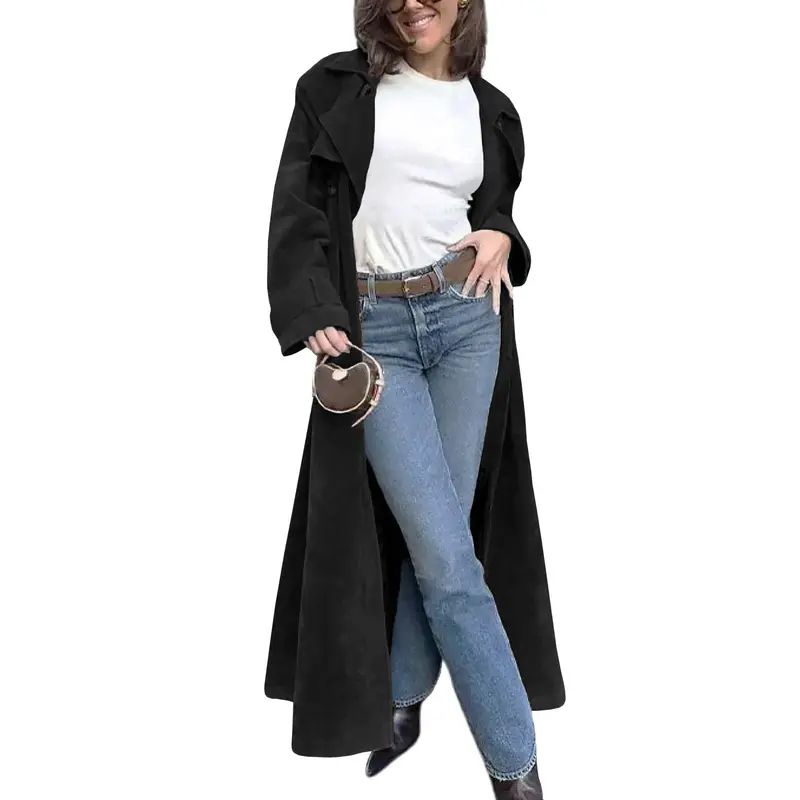Faux Suede Long Trench Coat For Women With Belt And Notched Lapel-My Comfy Blouse