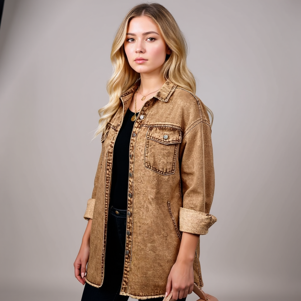 Oversized Denim Shacket With Frayed Hem And PocketsOversized Denim Shacket With Frayed Hem And Pockets - Image 2