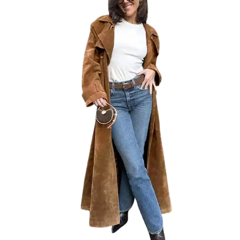Faux Suede Long Trench Coat For Women With Belt And Notched Lapel-My Comfy Blouse