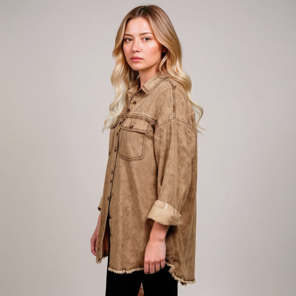 Oversized Denim Shacket With Frayed Hem And PocketsOversized Denim Shacket With Frayed Hem And Pockets - Image 3