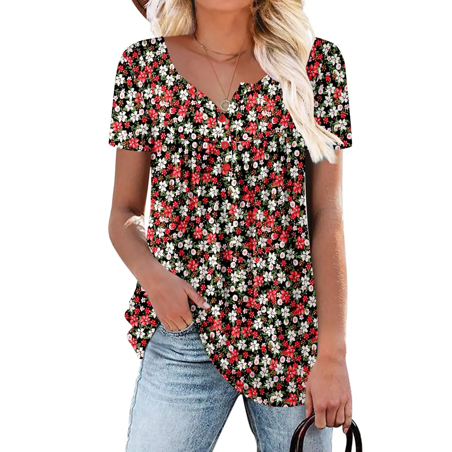 Short Sleeve Loose Fit Summer Tunic Top For Women