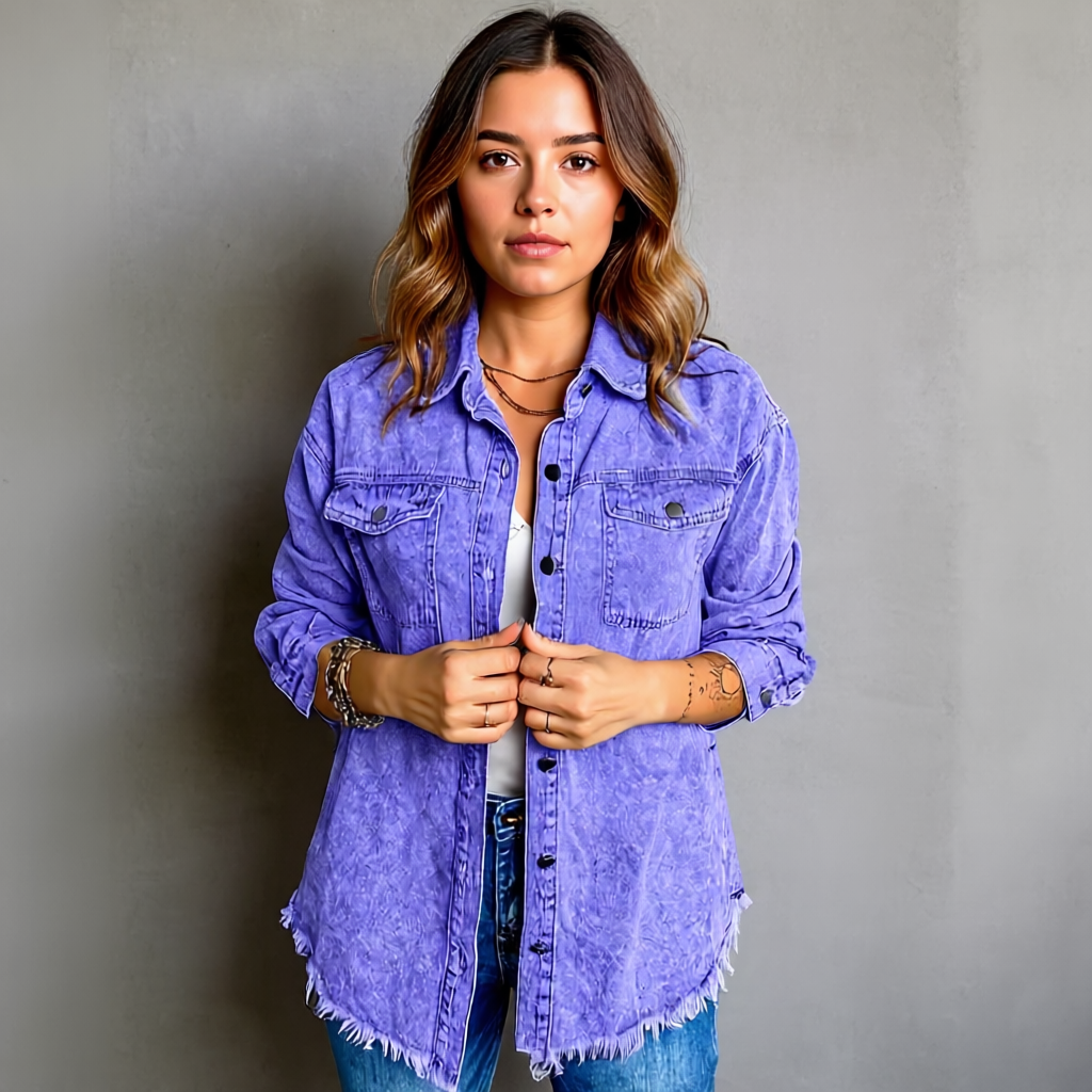 Oversized Denim Shacket With Frayed Hem And PocketsOversized Denim Shacket With Frayed Hem And Pockets - Image 10