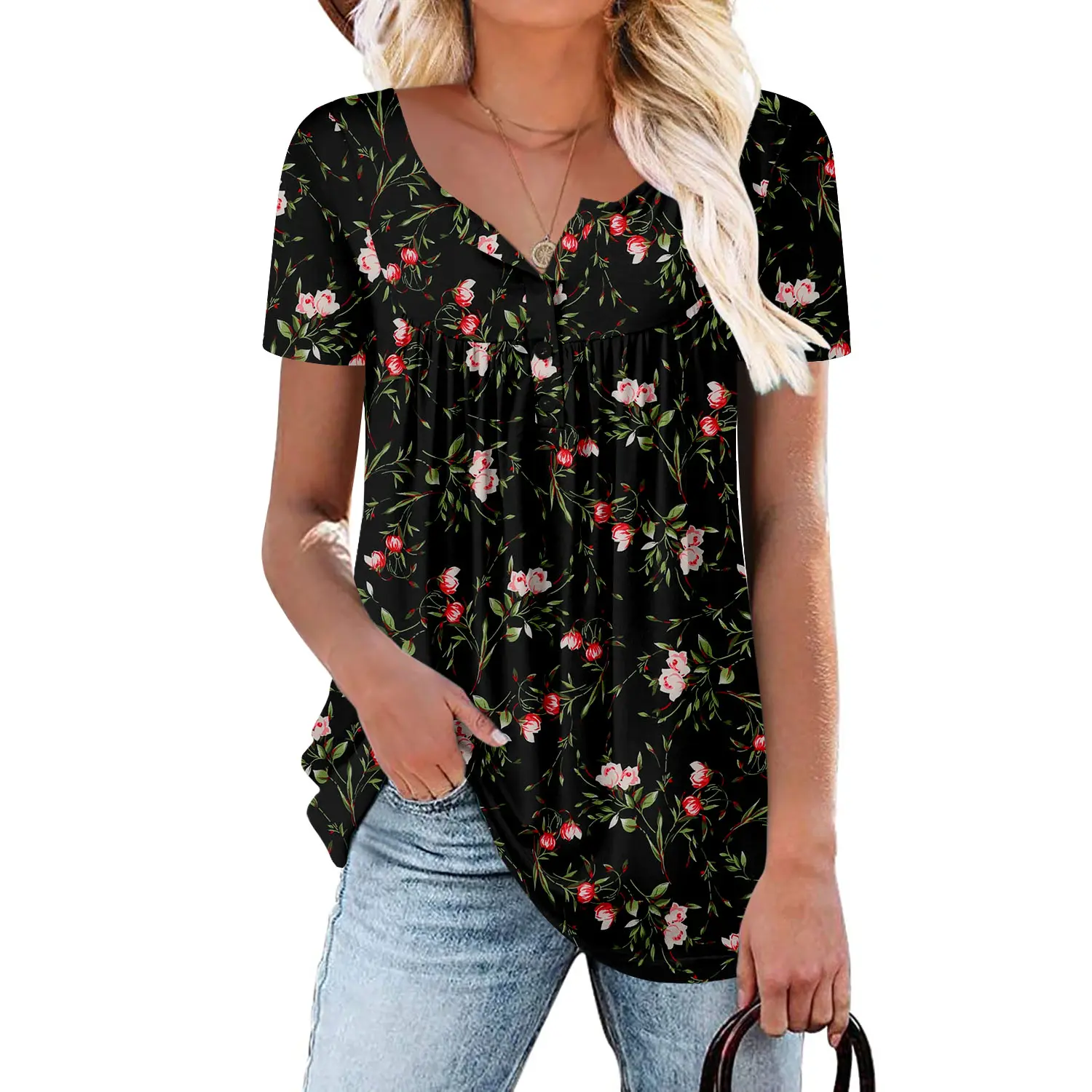 Short Sleeve Loose Fit Summer Tunic Top For Women