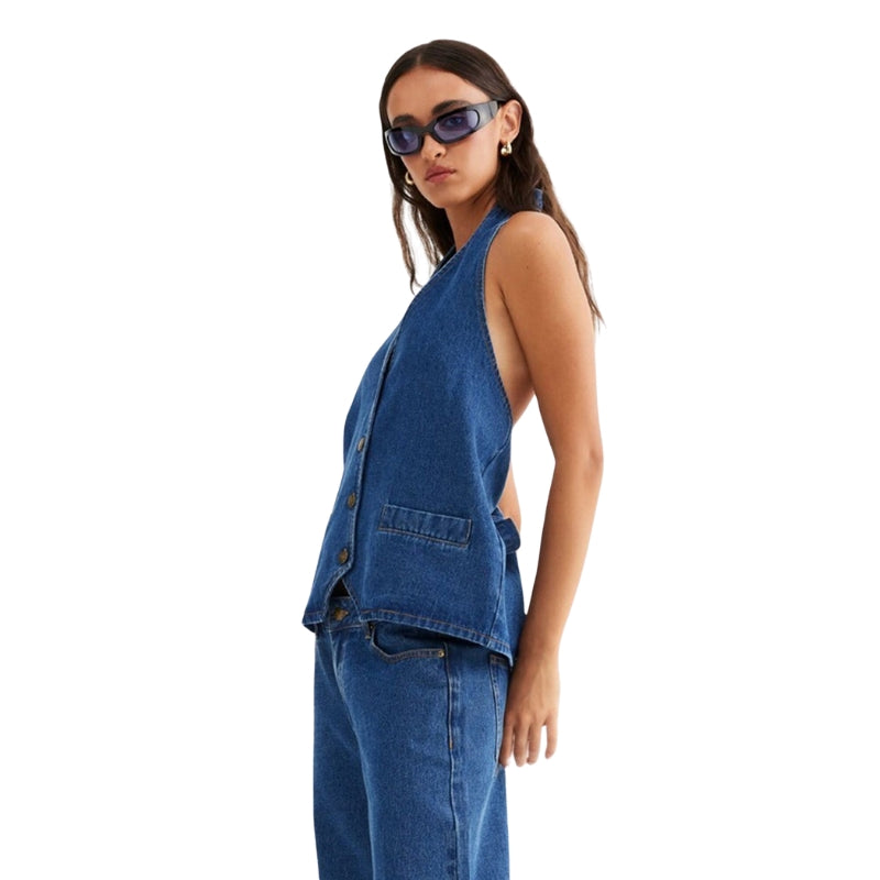 Women's Denim Halter Button-Up Vest-My Comfy Blouse