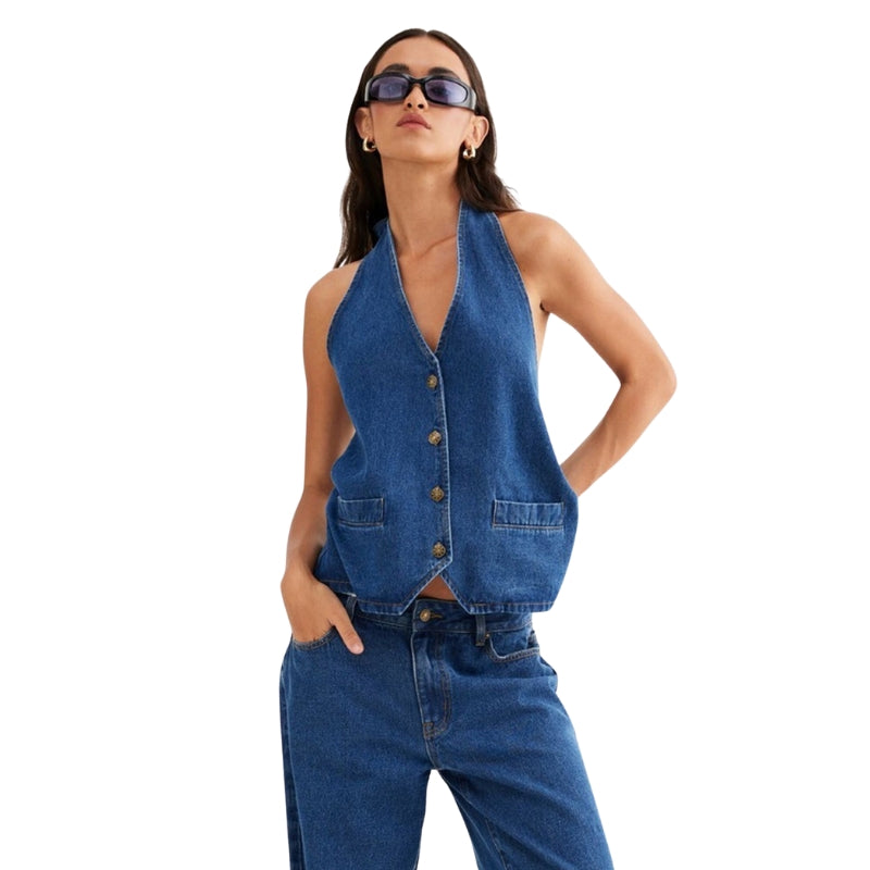 Women's Denim Halter Button-Up Vest-My Comfy Blouse
