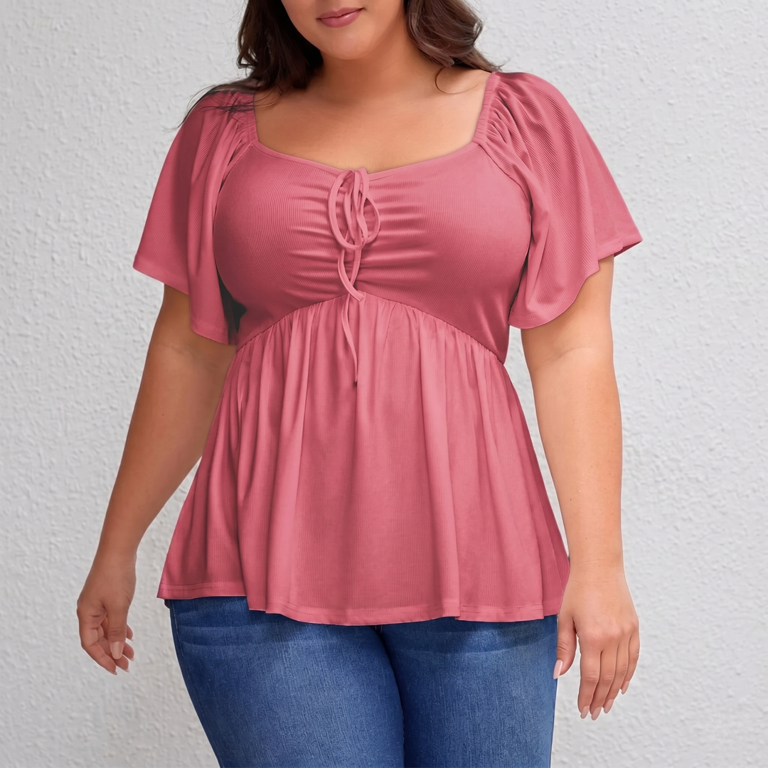 Plus Size Short Sleeve Shirred Peplum Top For Women