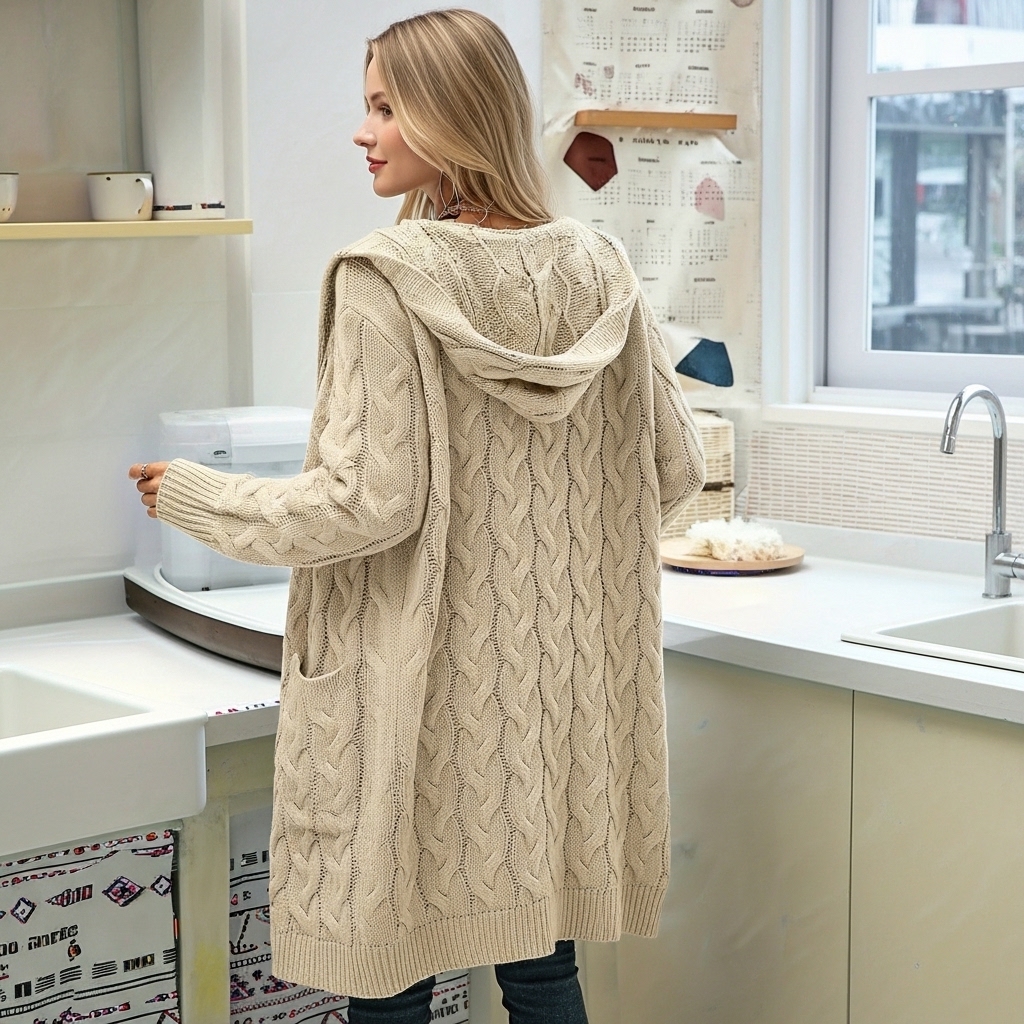 Long Knit Cardigan With Open Front And Pocket Design For Women