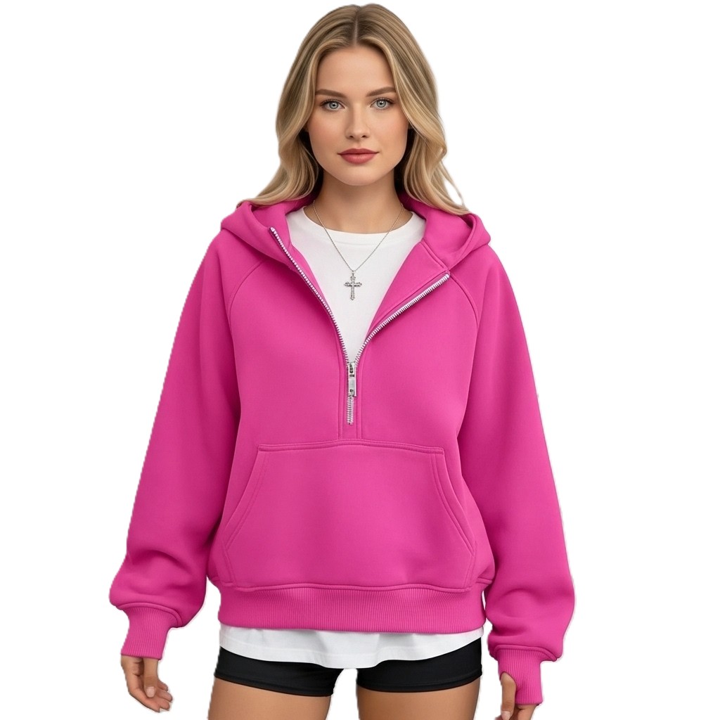 Half Zip Fleece Hoodie Sweatshirt With Oversized Fit Style For Women