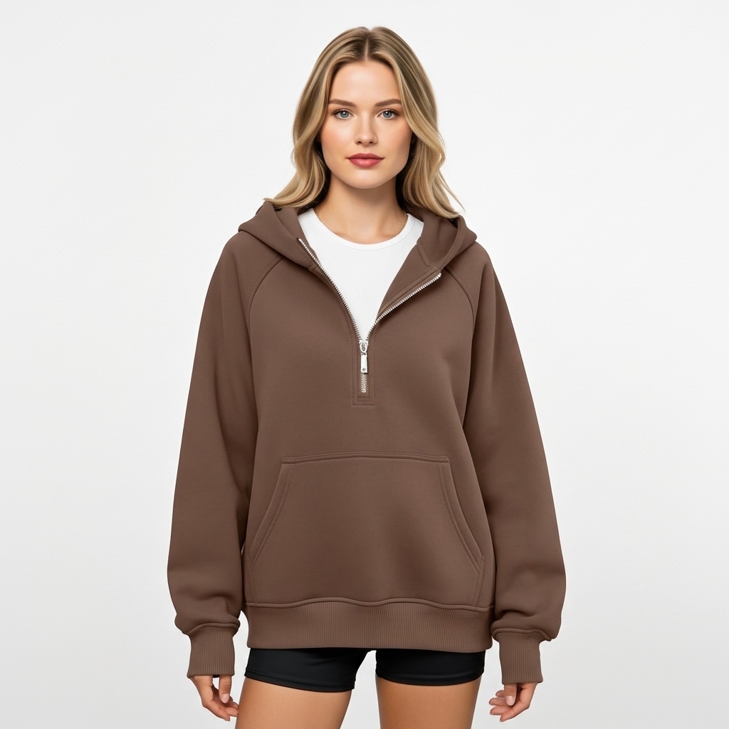 Half Zip Fleece Hoodie Sweatshirt With Oversized Fit Style For Women