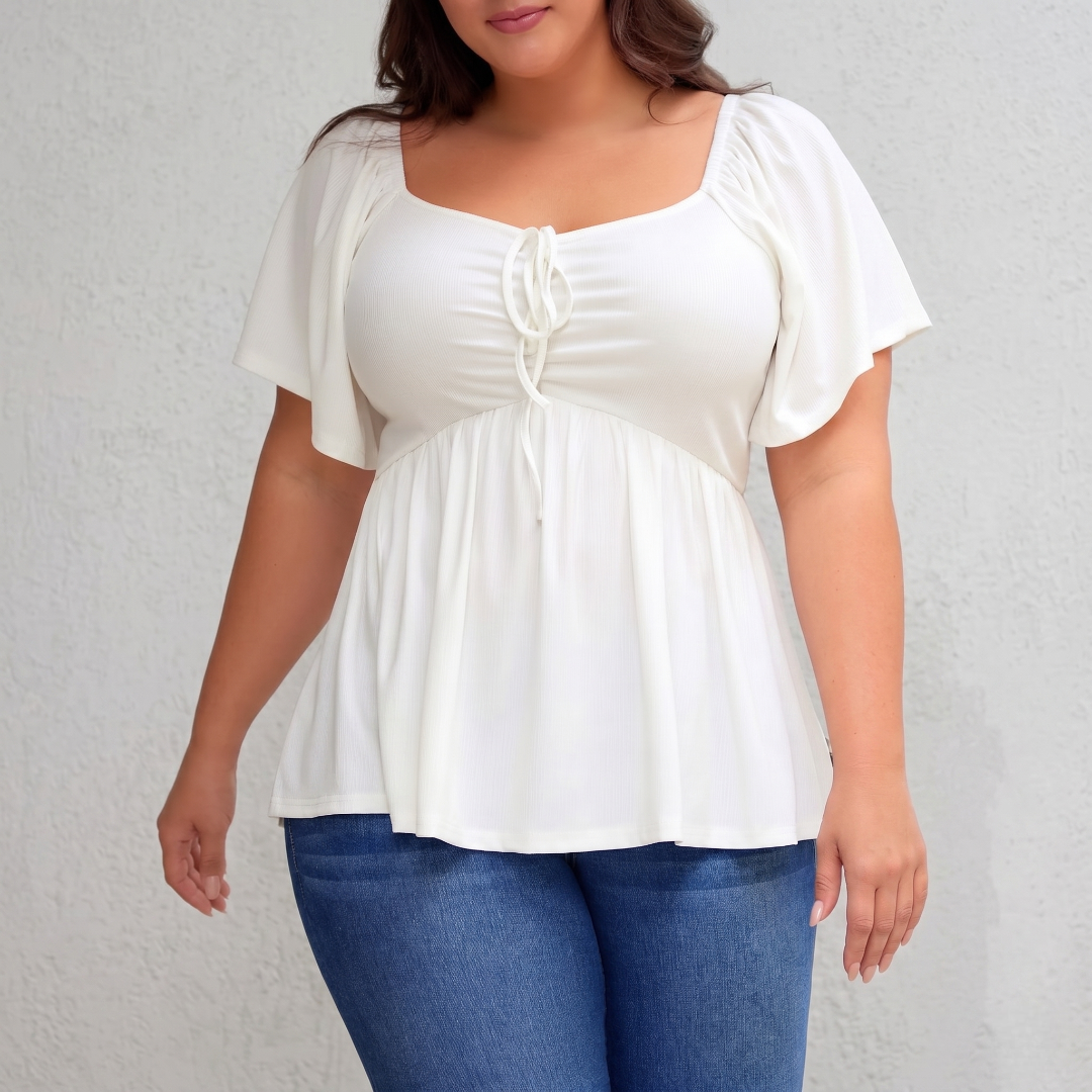 Plus Size Short Sleeve Shirred Peplum Top For Women