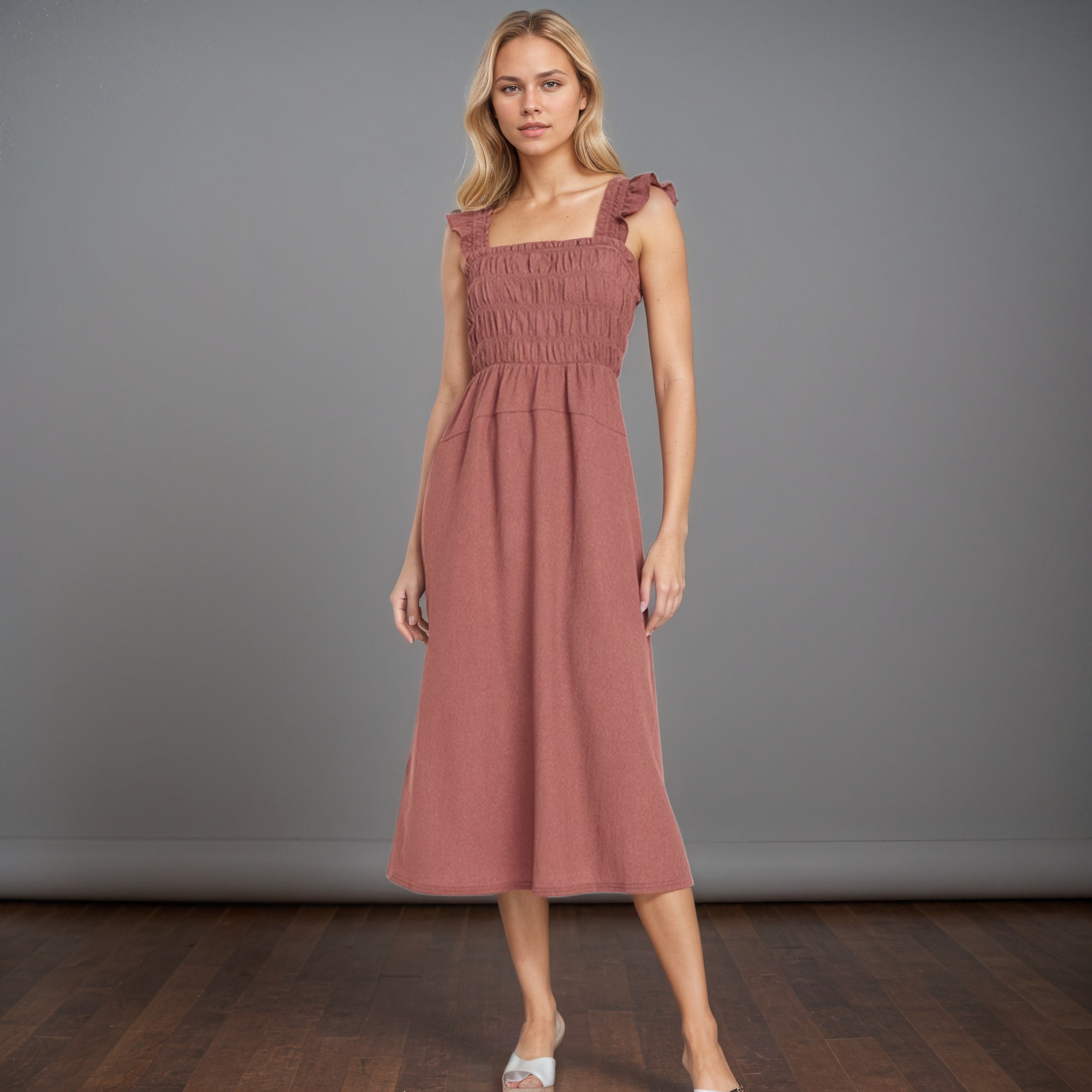 Fit And Flare Lightweight Smocked Midi Dress-My Comfy Blouse