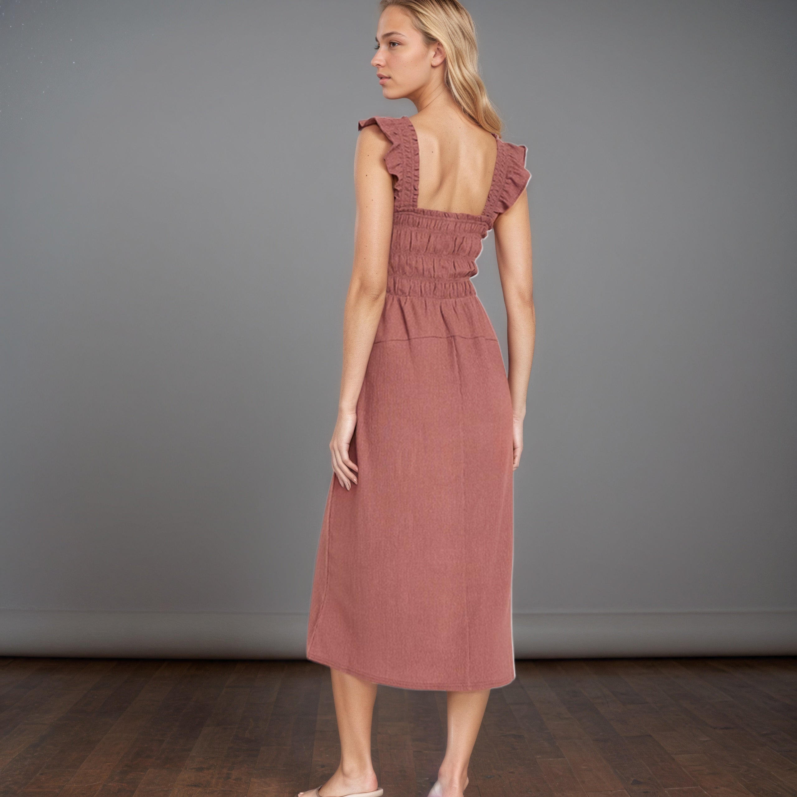 Fit And Flare Lightweight Smocked Midi Dress-My Comfy Blouse