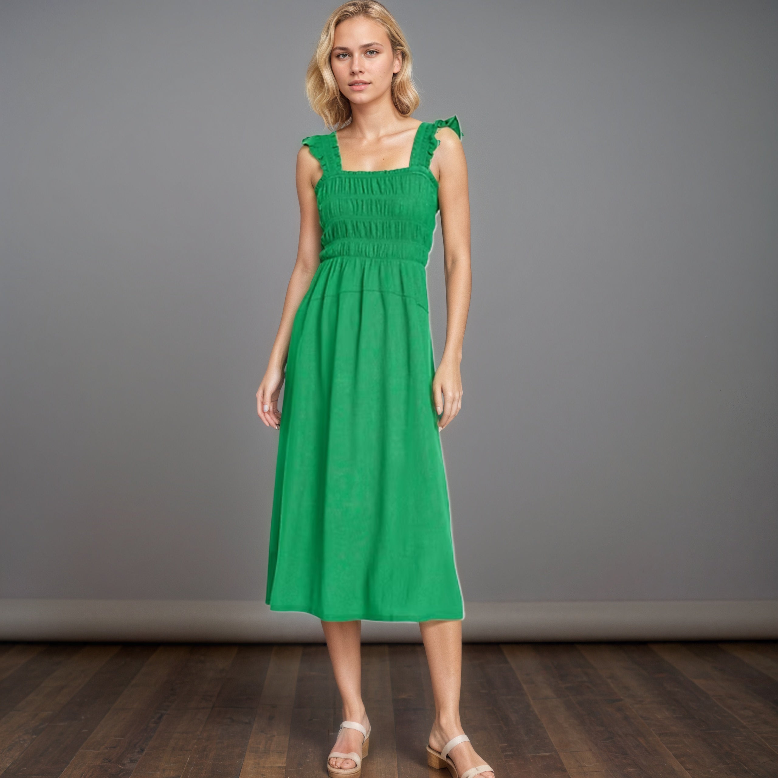 Fit And Flare Lightweight Smocked Midi Dress-My Comfy Blouse