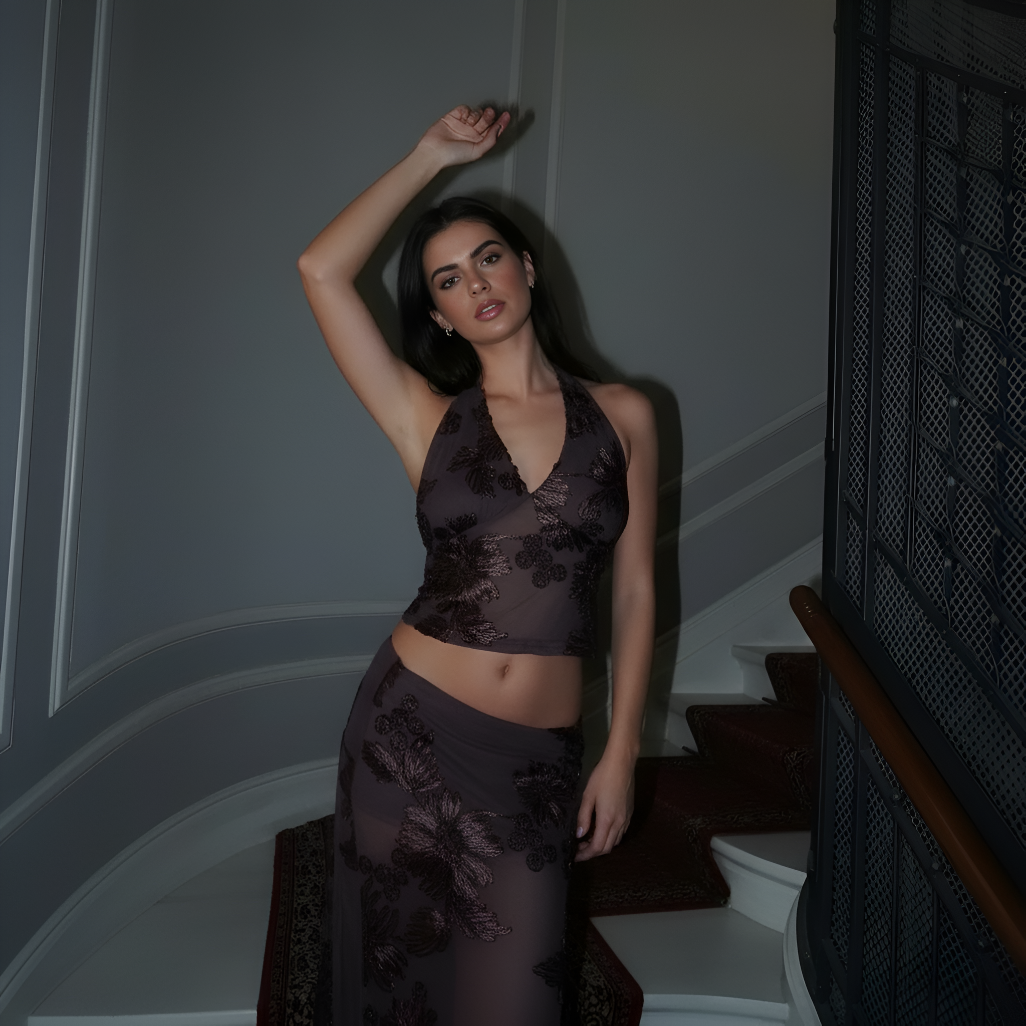 Floral Embroidered Mesh Top With Back Tie Detail