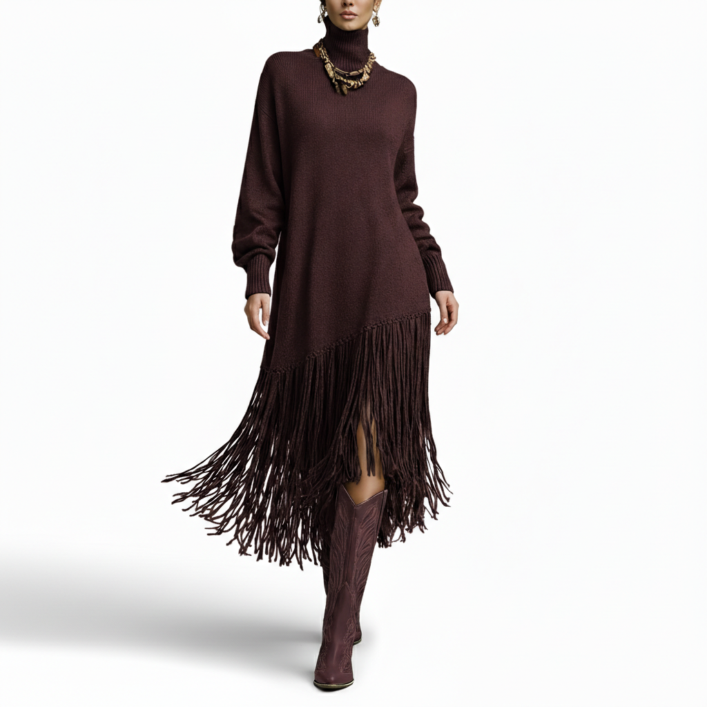 Bohemian Sweater Dress with Fringe Tassel Hem