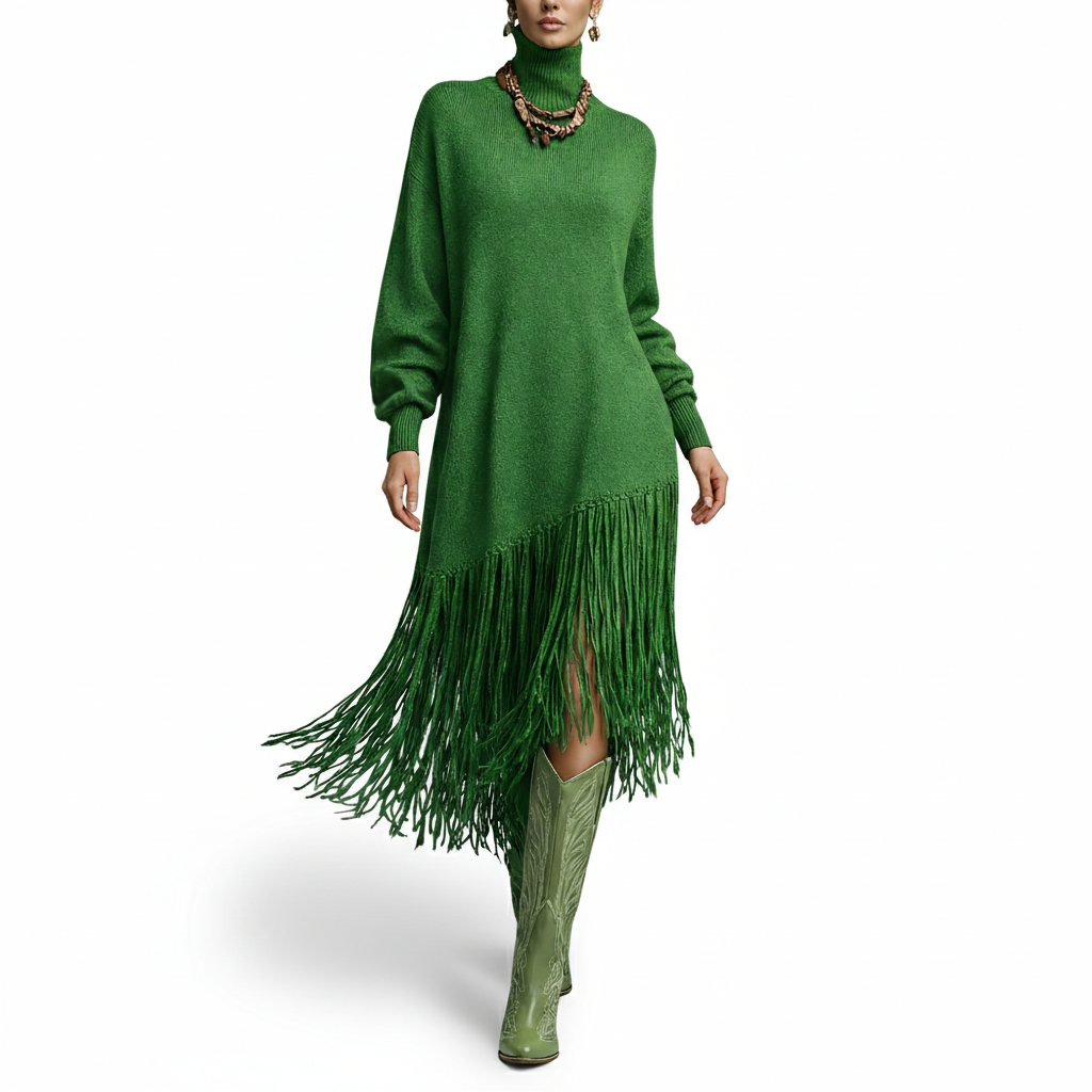 Bohemian Sweater Dress with Fringe Tassel Hem