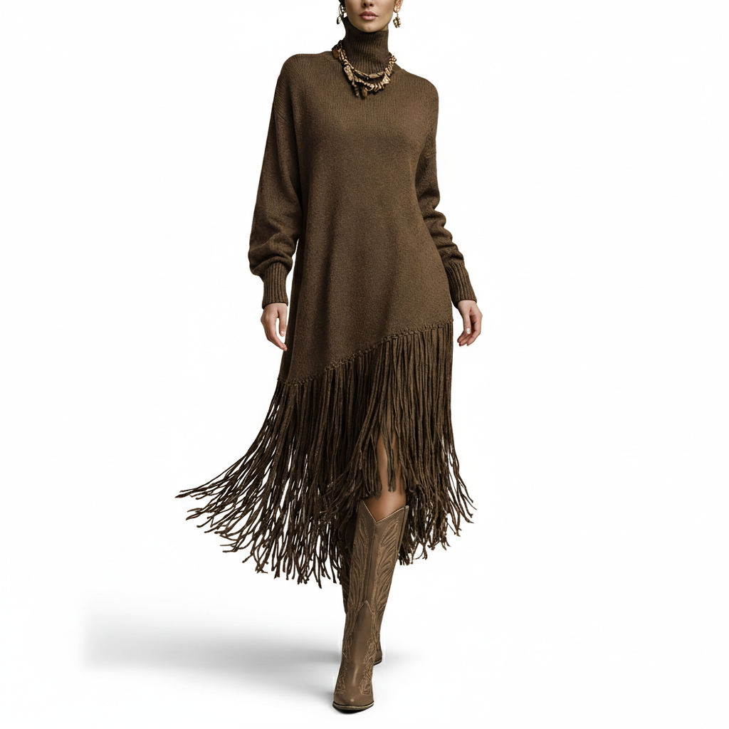 Bohemian Sweater Dress with Fringe Tassel Hem