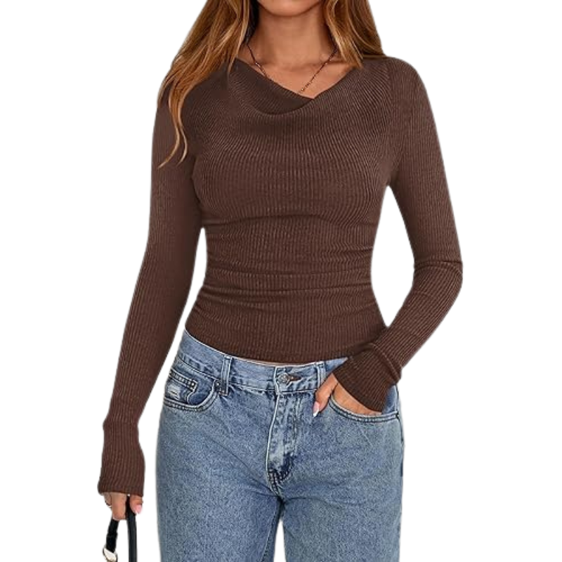 Womens Long Sleeve Cowl Neck Ribbed Knit Slim Fit Top