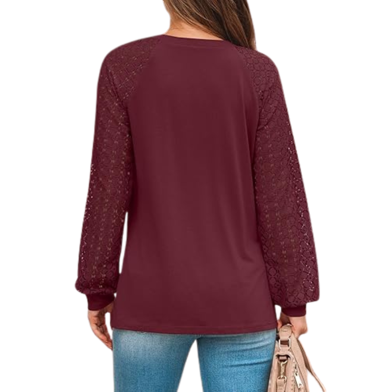 Long Sleeve Tops With Pleated Front And Lace Detail For Women