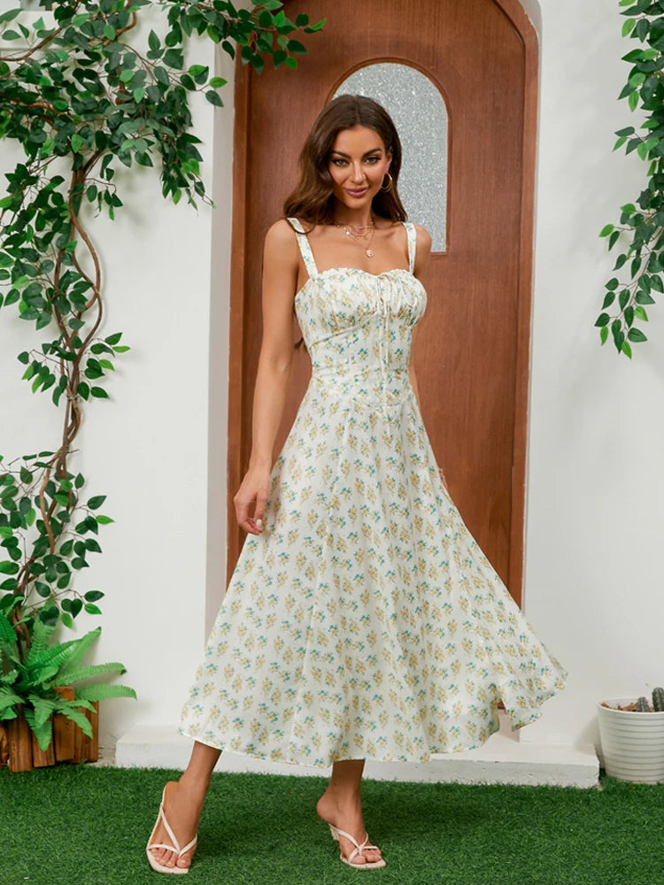 Carmen Buttercup Vintage Floral Print Cotton Bustier Sundress-My Comfy Blouse