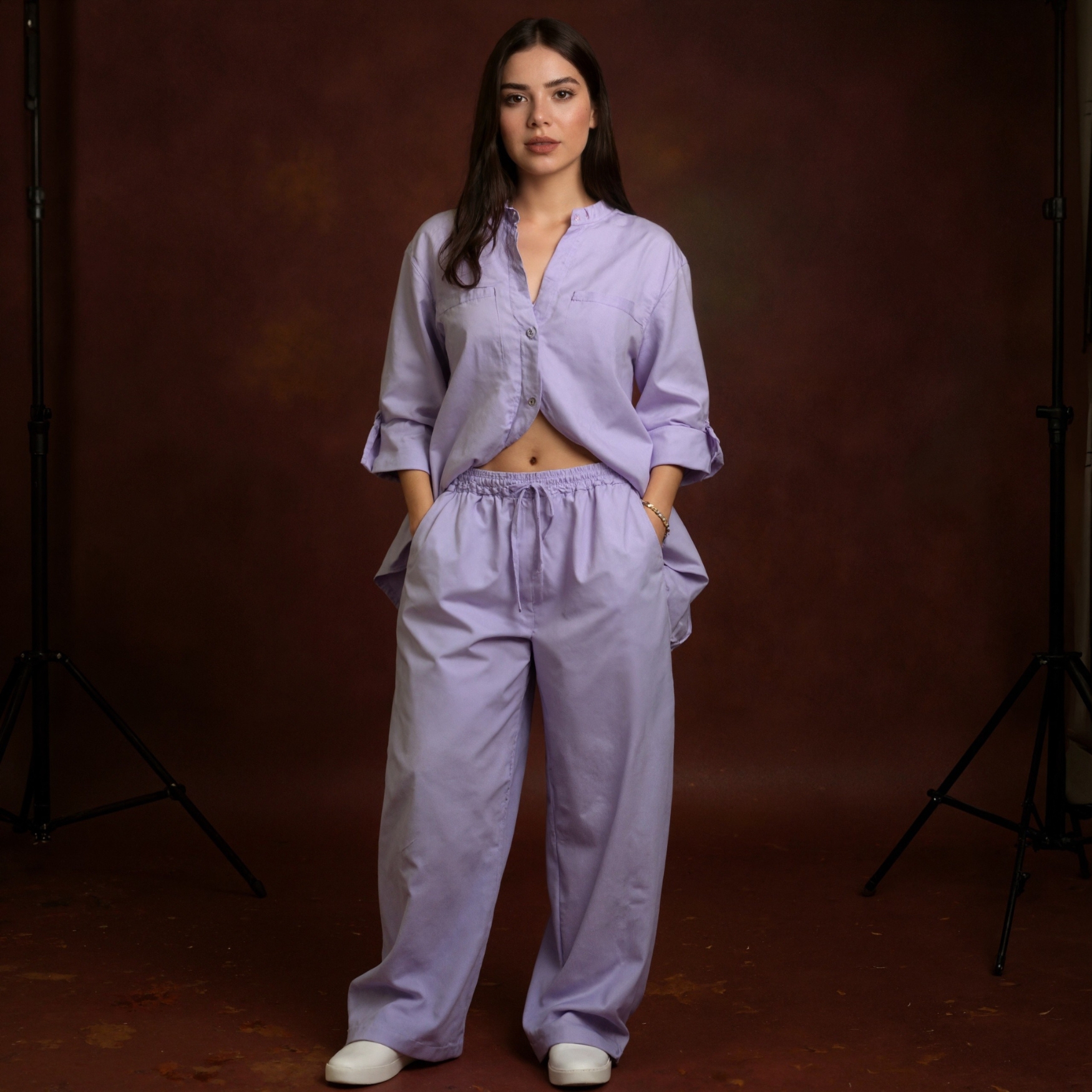 Button Up Two Piece Shirt And Trousers Outfit Set