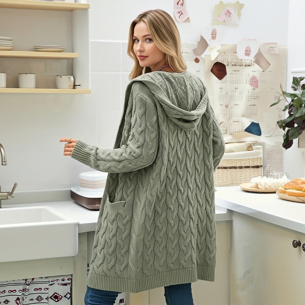 Long Knit Cardigan With Open Front And Pocket Design For Women