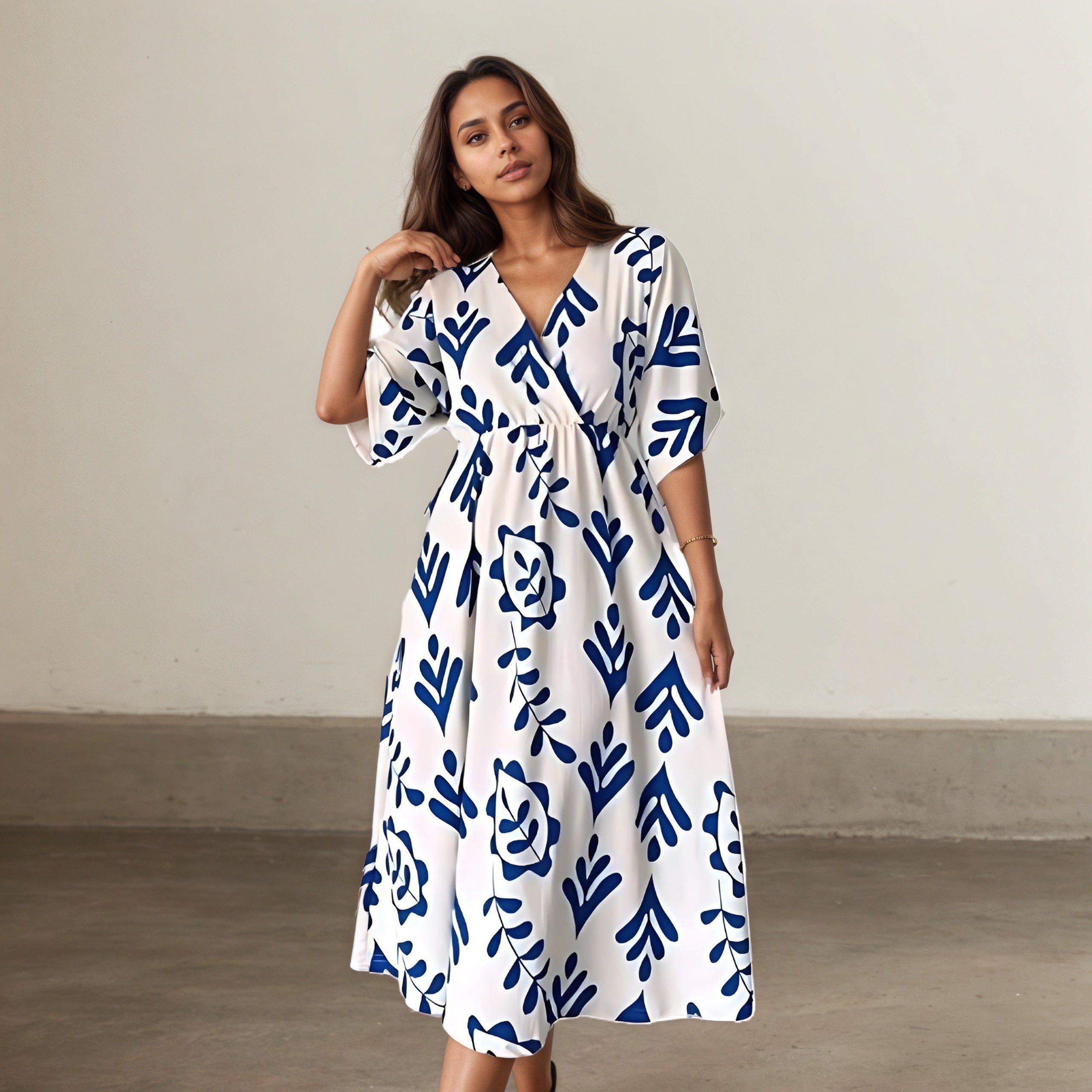 Silhouette Midi Dress With Short Sleeves And Leaf Print-My Comfy Blouse