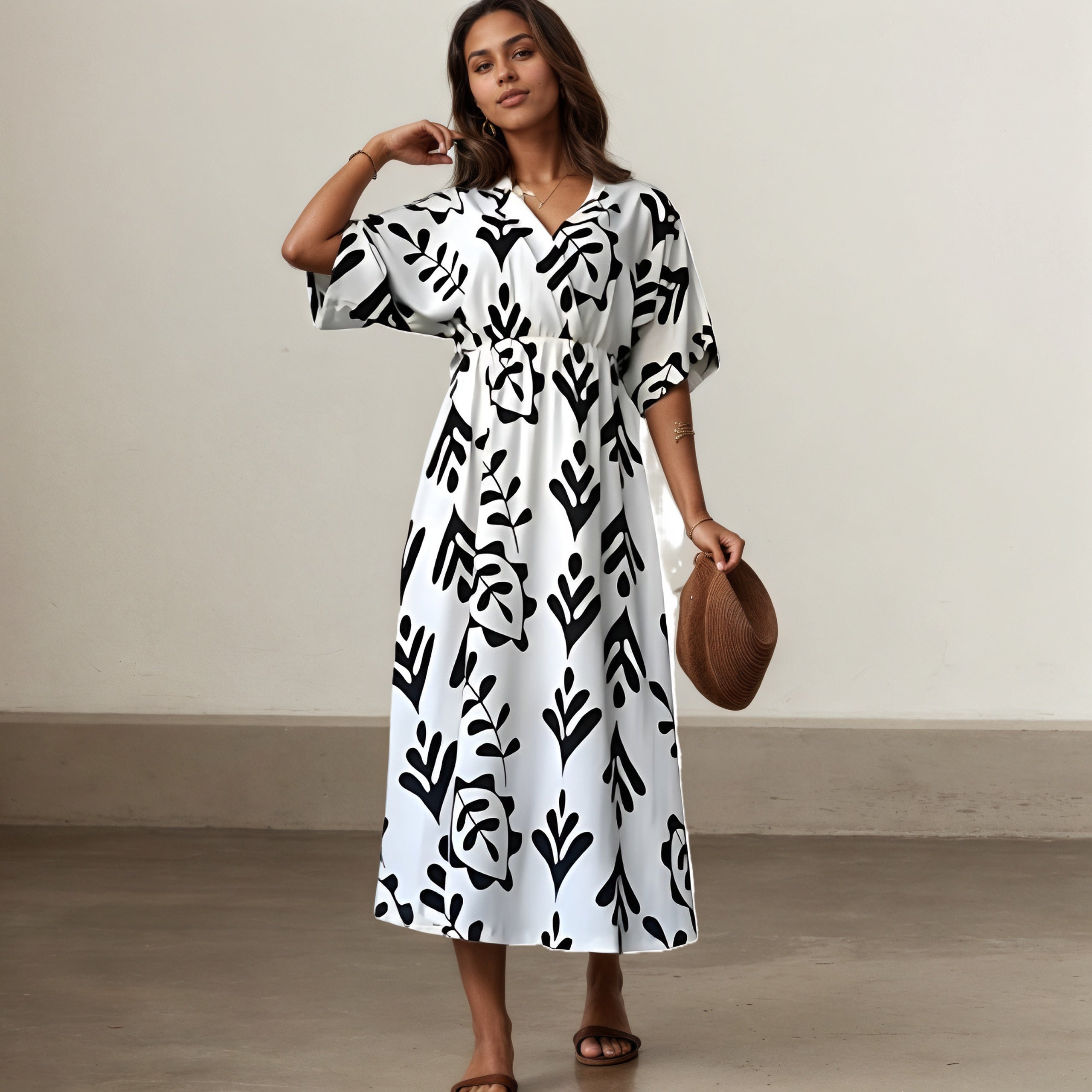 Silhouette Midi Dress With Short Sleeves And Leaf Print-My Comfy Blouse