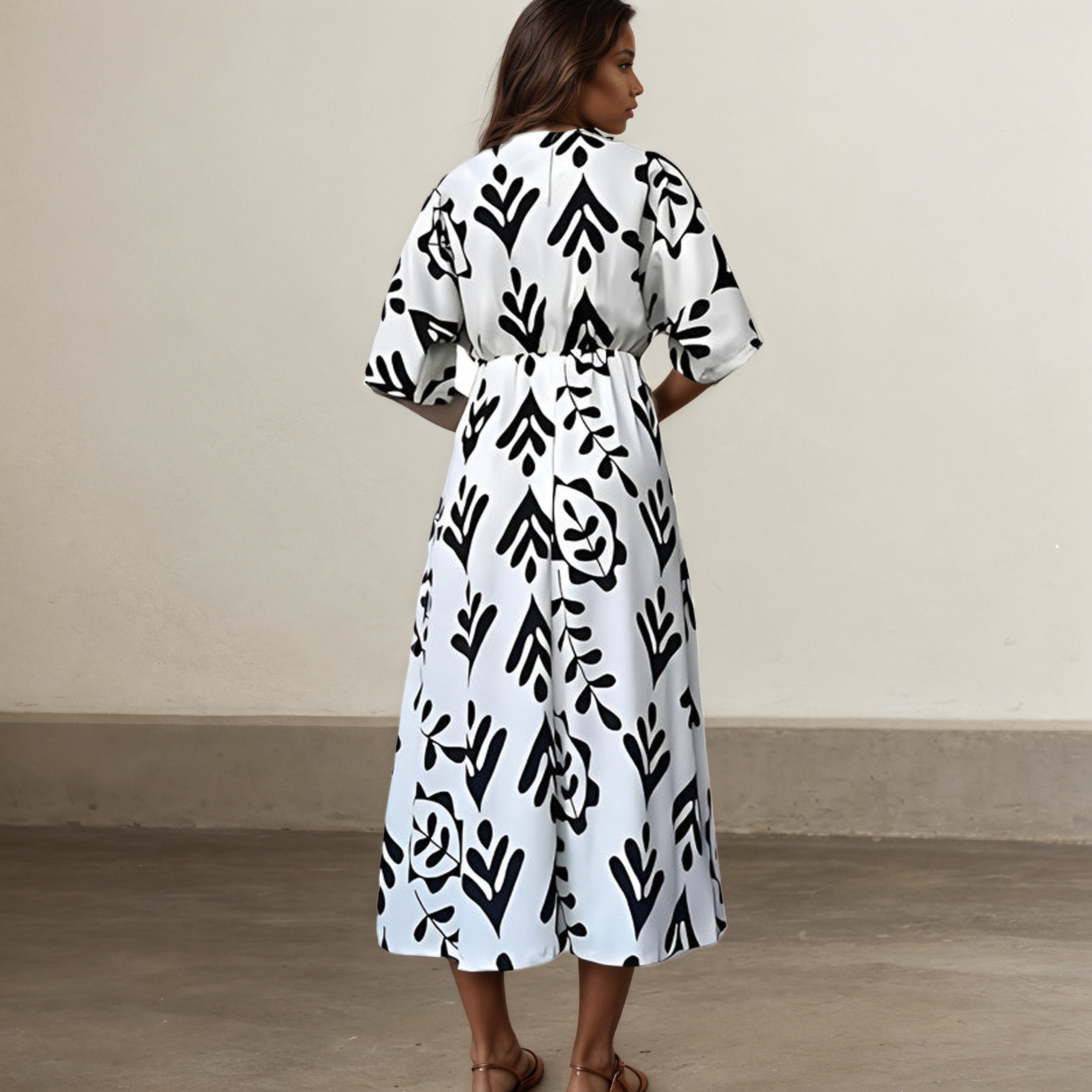 Silhouette Midi Dress With Short Sleeves And Leaf Print-My Comfy Blouse