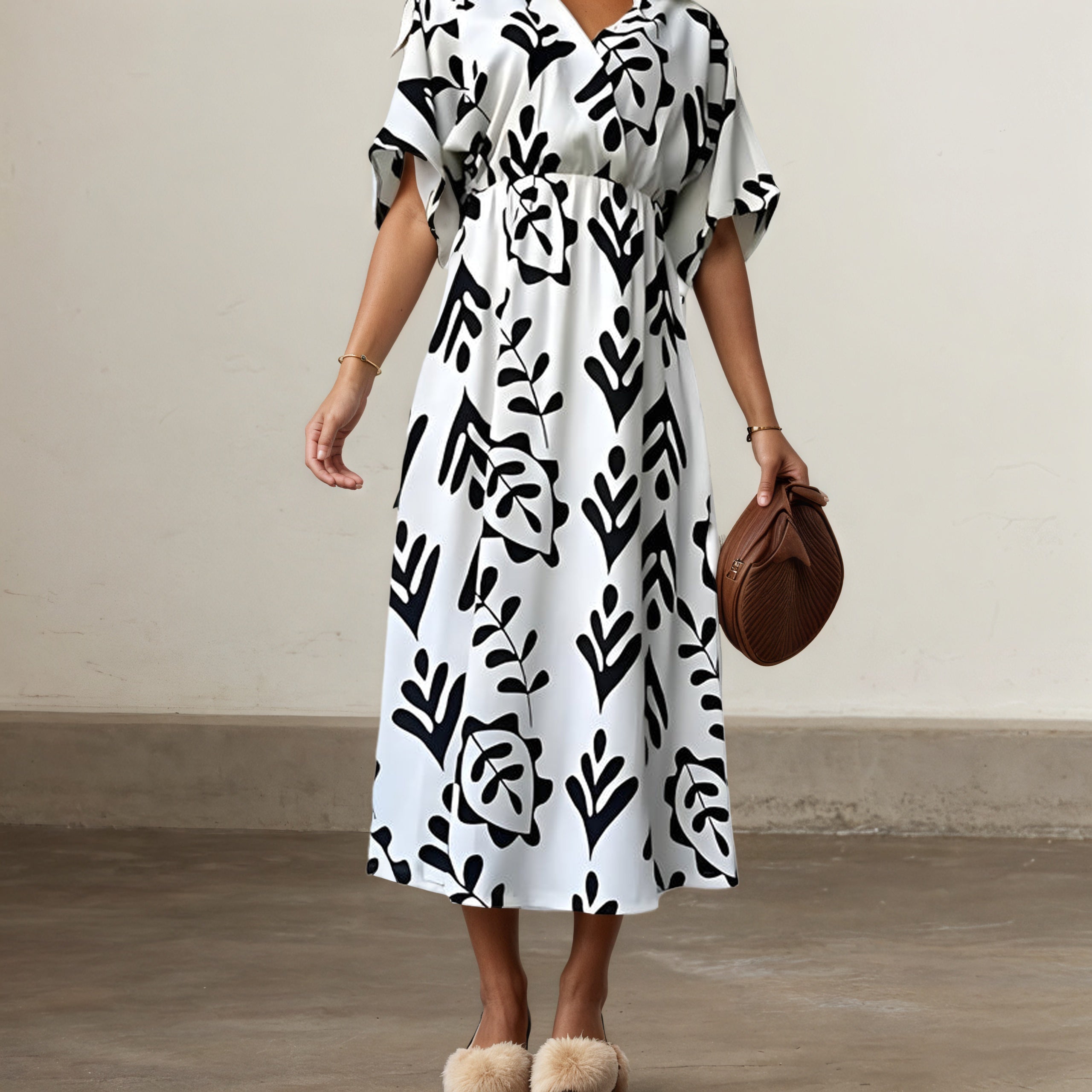 Silhouette Midi Dress With Short Sleeves And Leaf Print-My Comfy Blouse