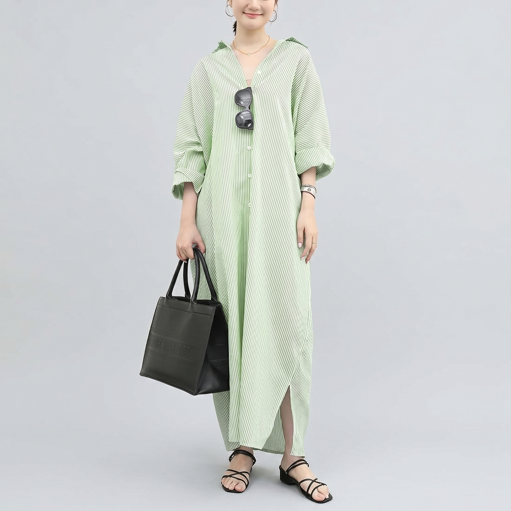 Striped Loose Cotton Maxi Shirt Dress for Women