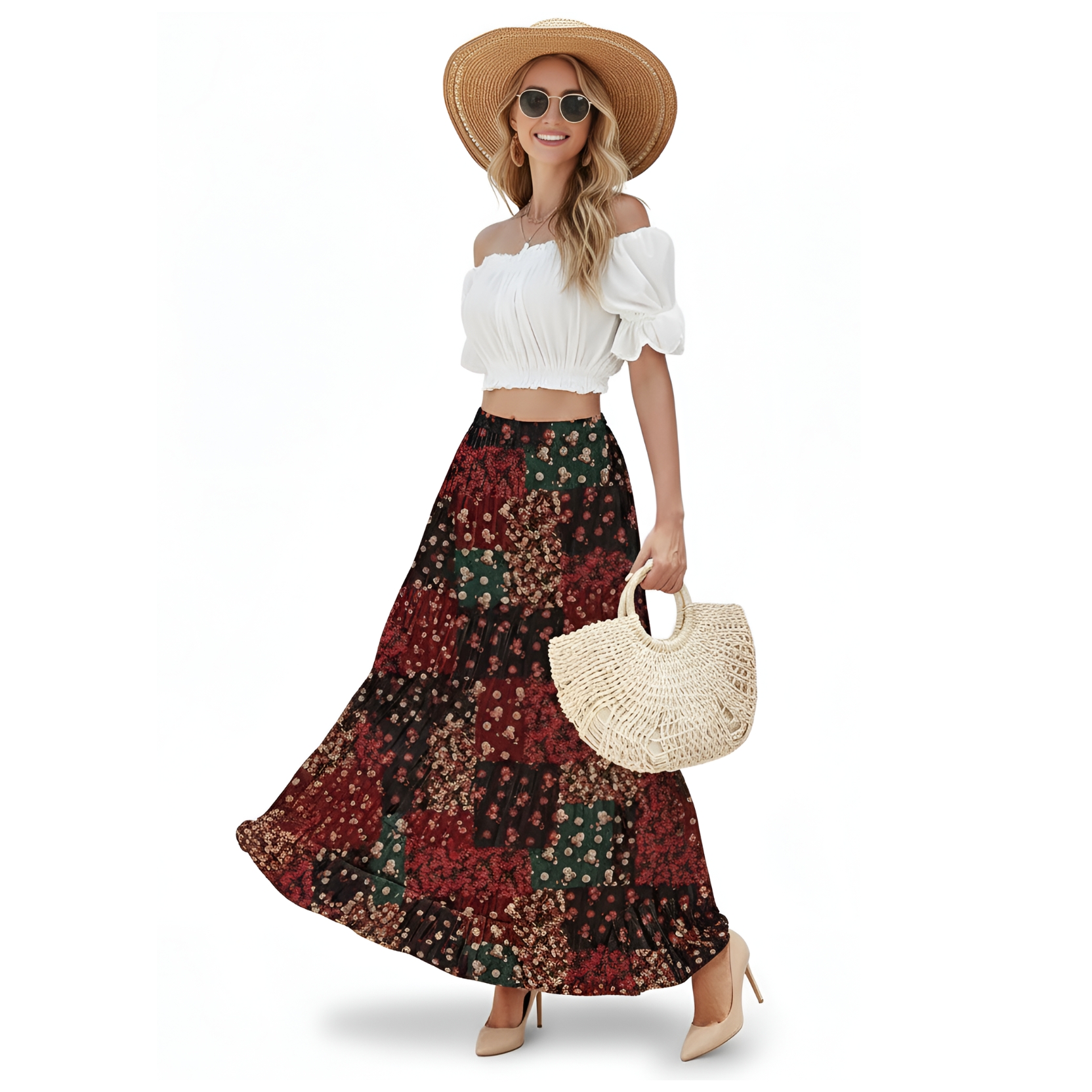 Casual Long Skirt For Women With Floral Print And Pleated Layers-My Comfy Blouse