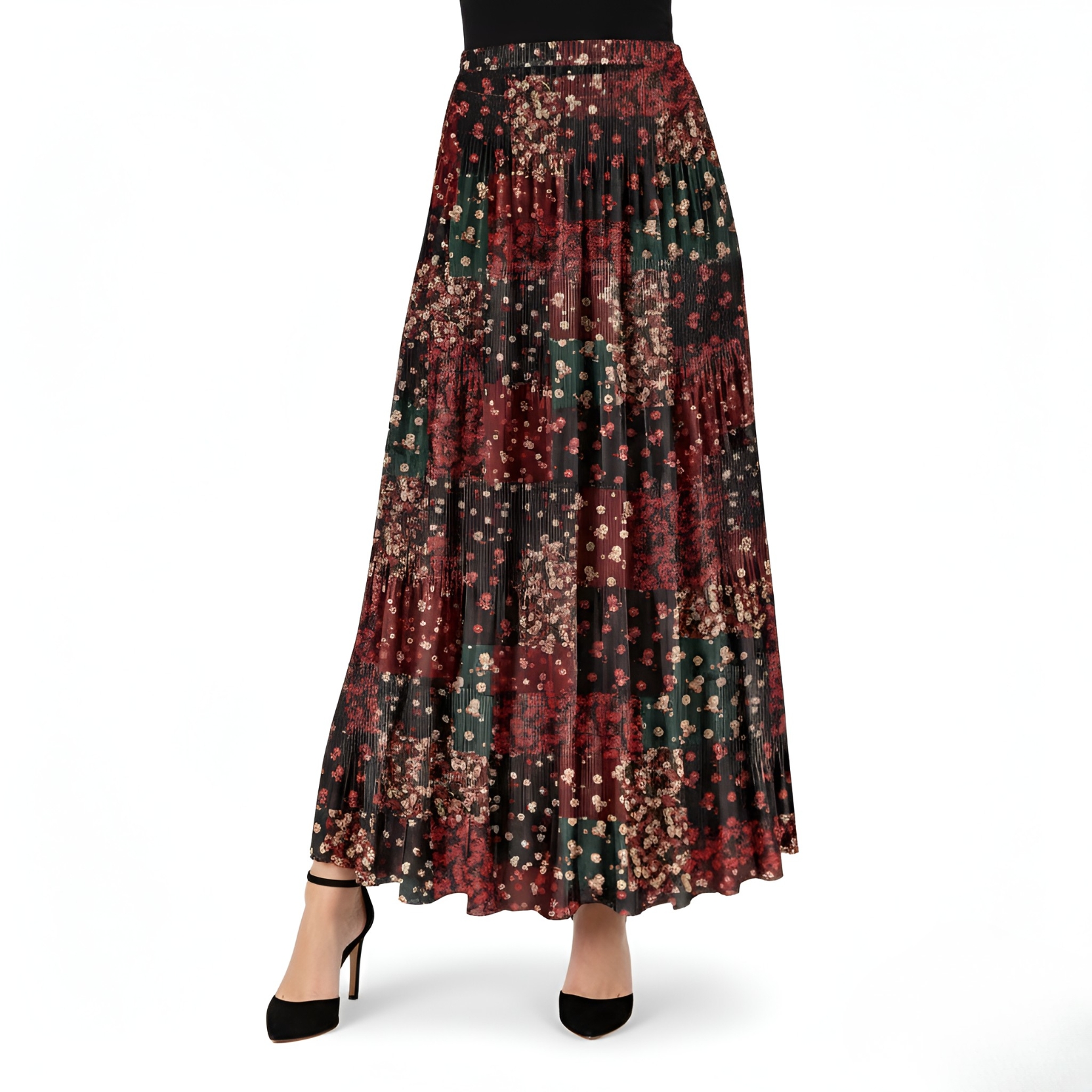 Casual Long Skirt For Women With Floral Print And Pleated Layers-My Comfy Blouse