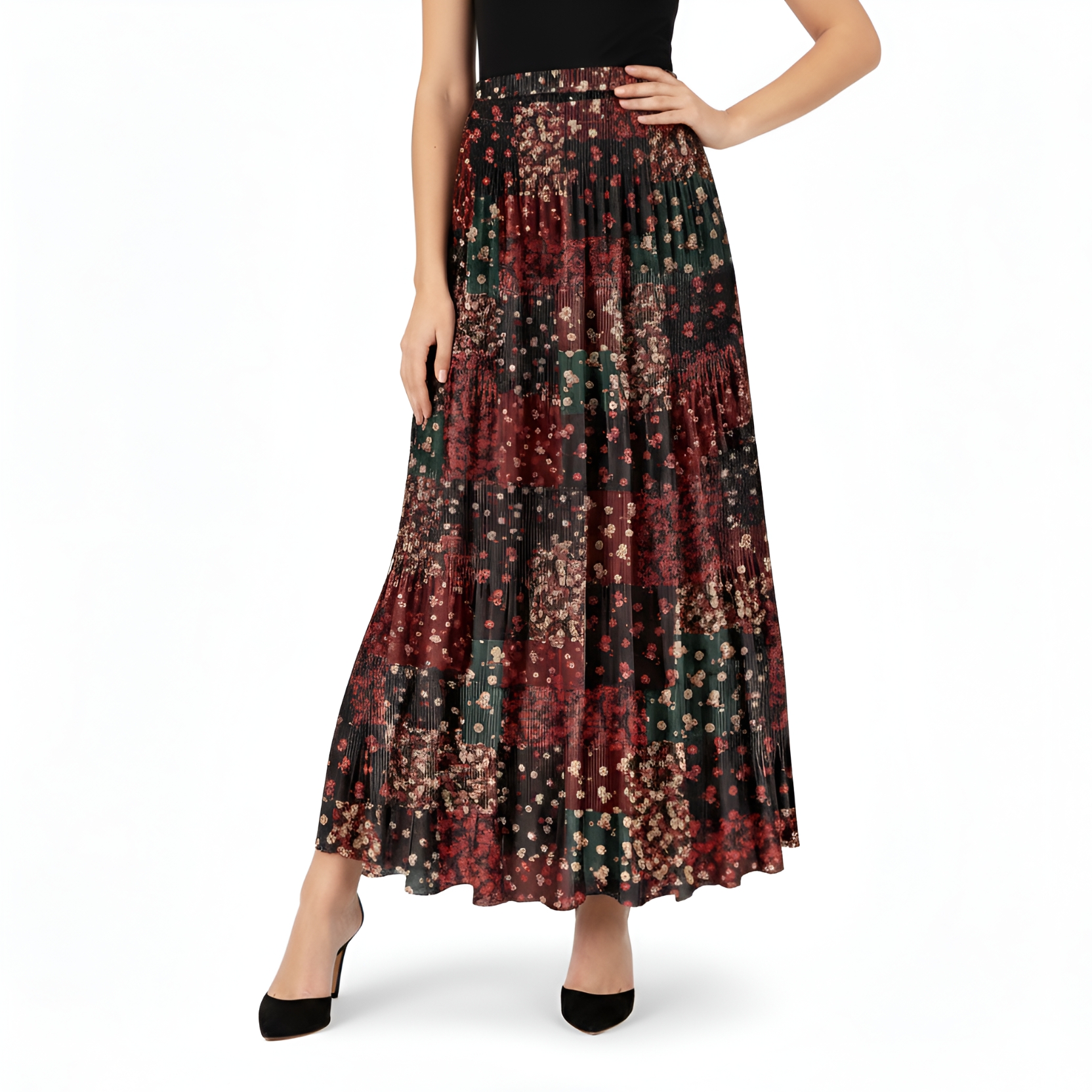 Casual Long Skirt For Women With Floral Print And Pleated Layers-My Comfy Blouse