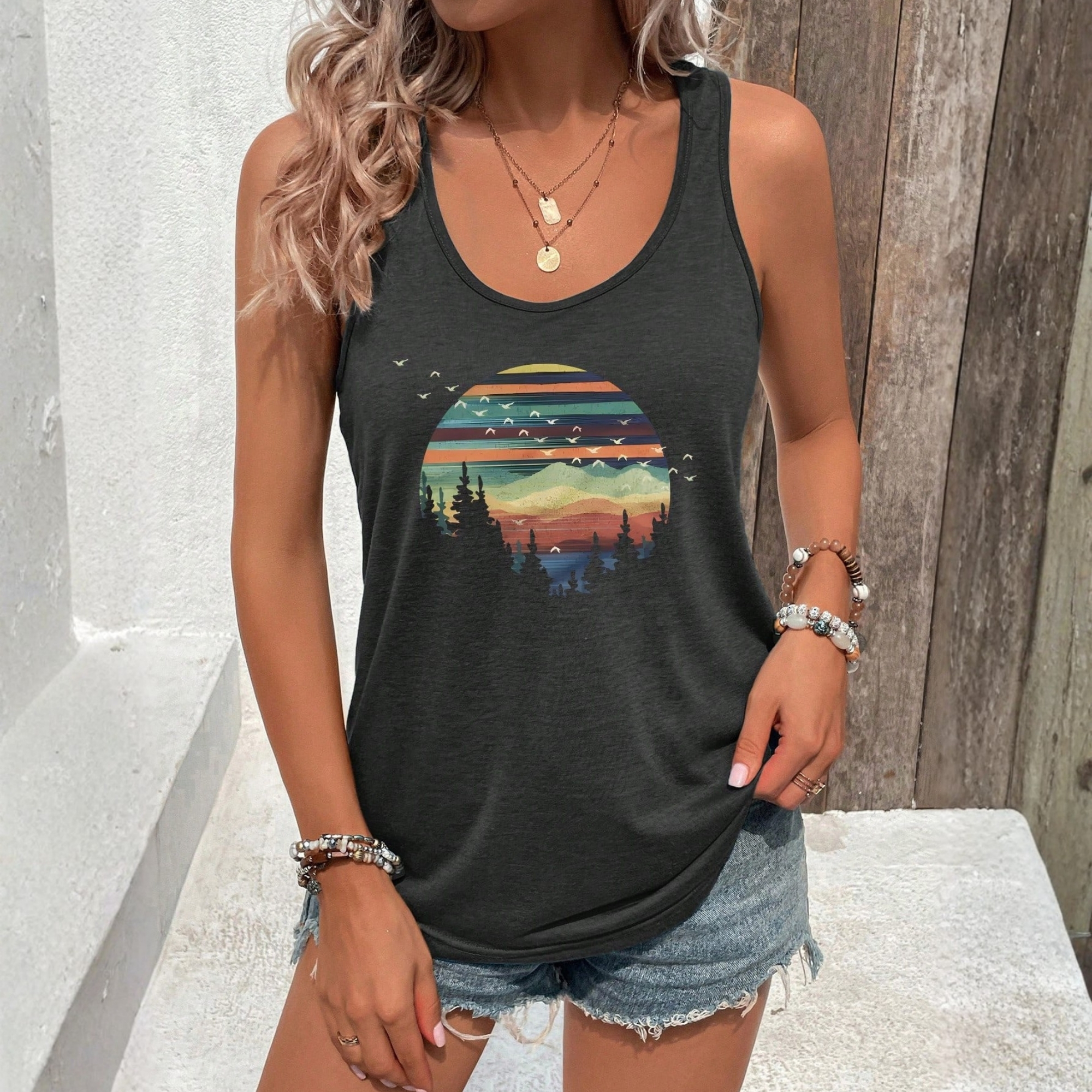 Casual Printed Slogan Round Tank Tops For Women